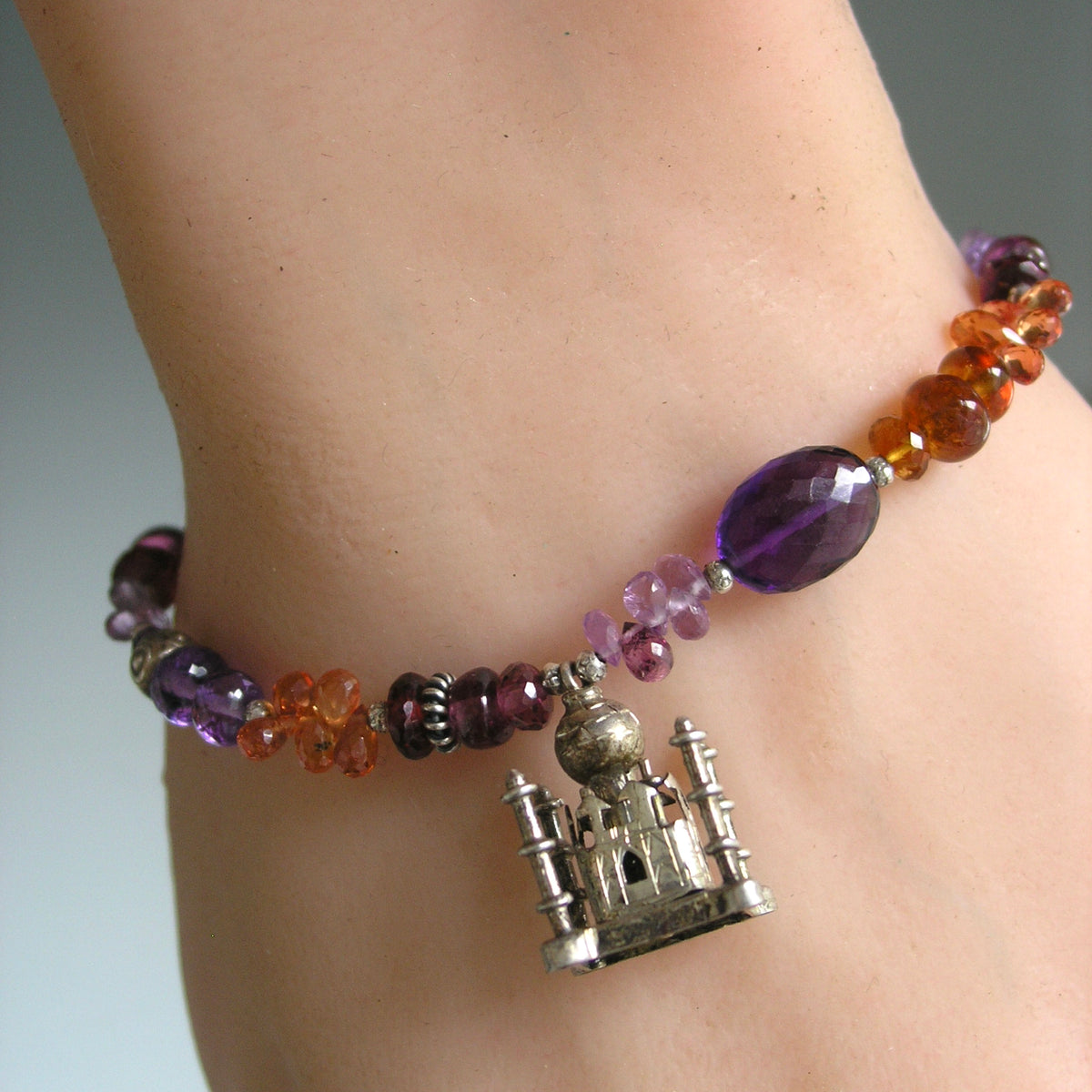 Vintage Islamic Taj Mahal 3D Sterling Charm Gemstone Bracelet
