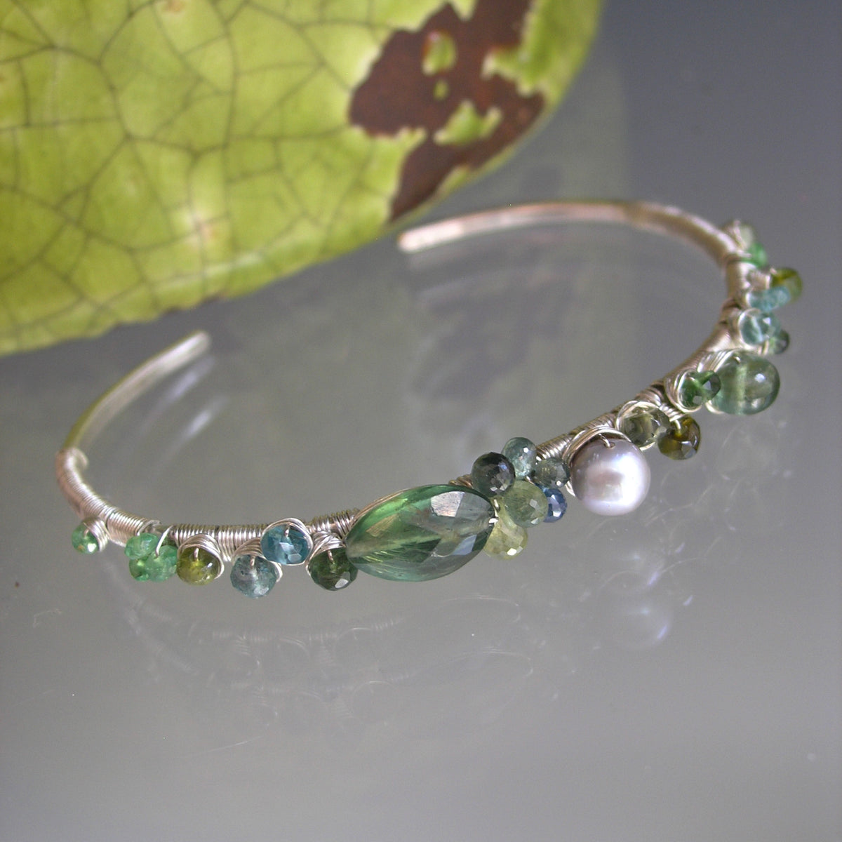 Green Sapphires Apatite Sterling Hand Forged Cuff