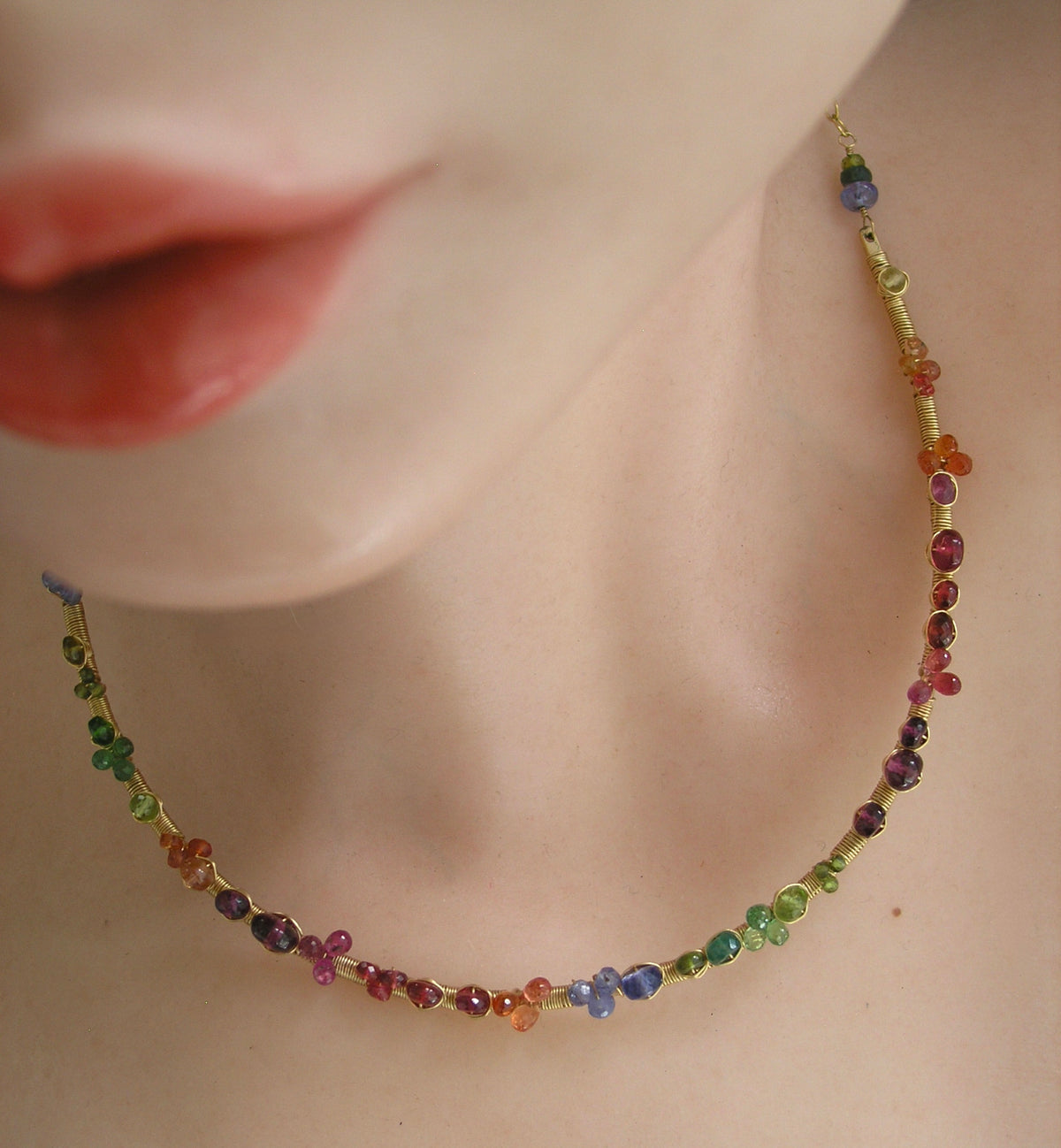 Multi Gemstone 14k Gold Filled Curved Bar Choker Necklace