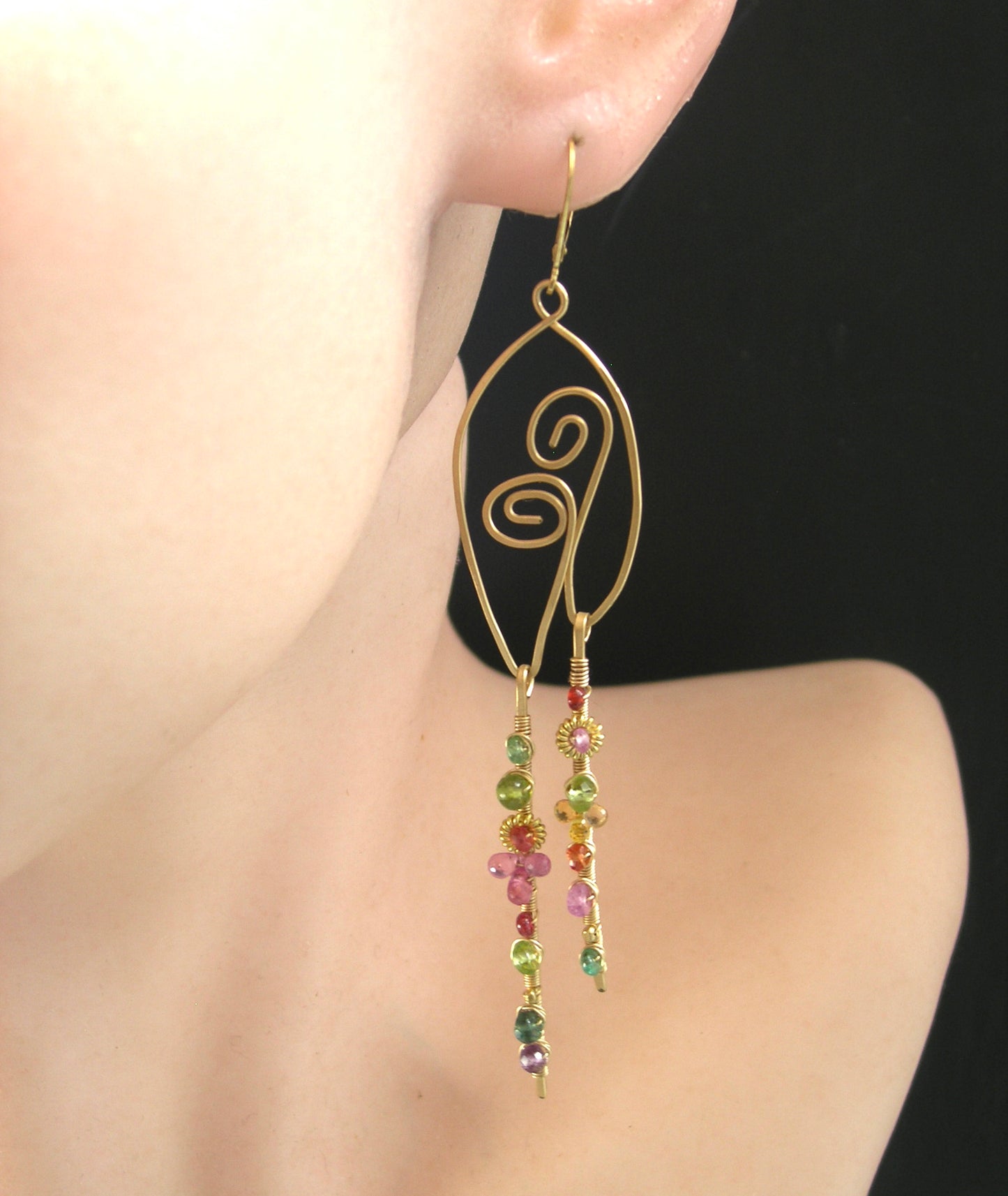 Sculptural Gemstone 14k Gold Filled Earrings 4 3/8”