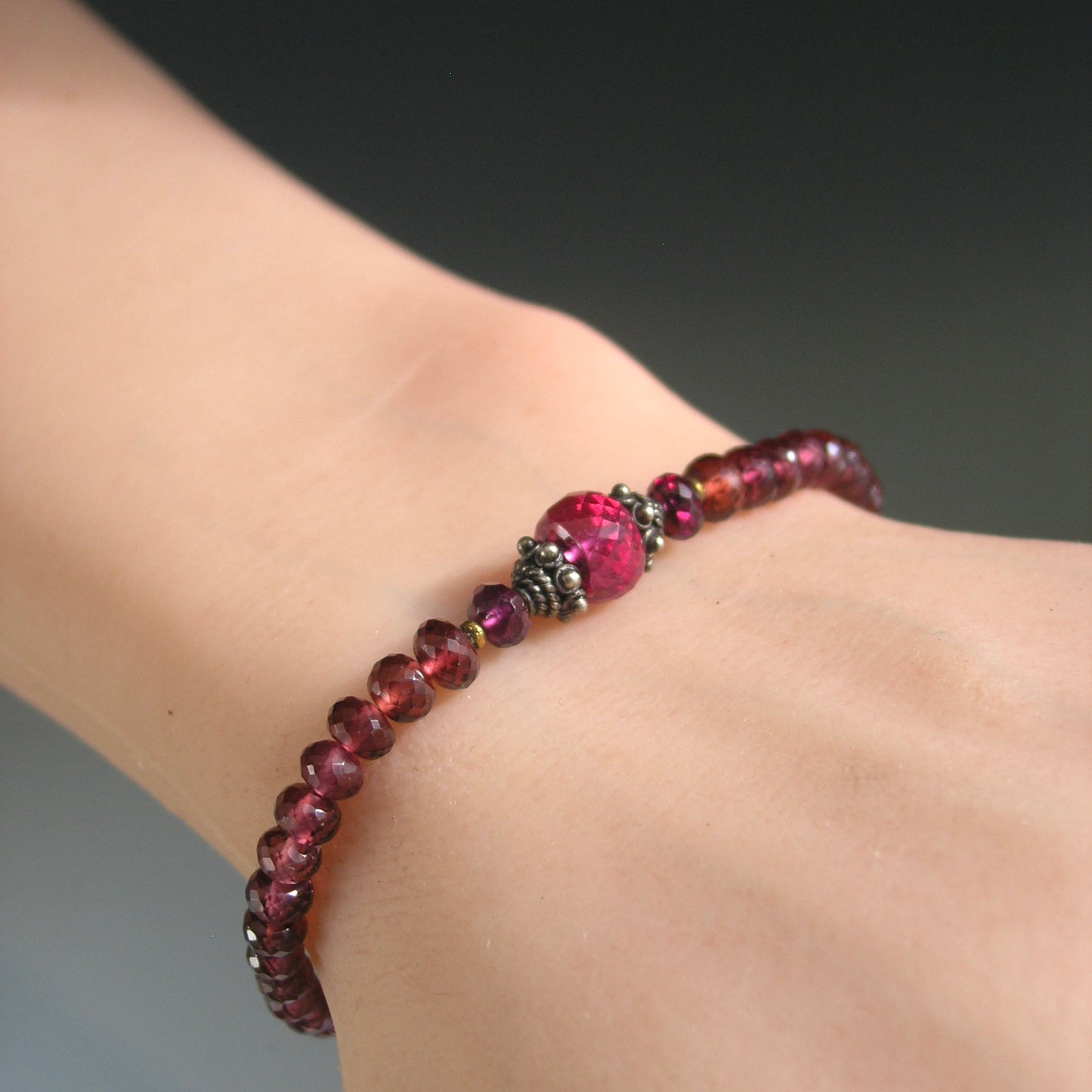 Pink Tourmaline Red Garnet Beaded Bracelet