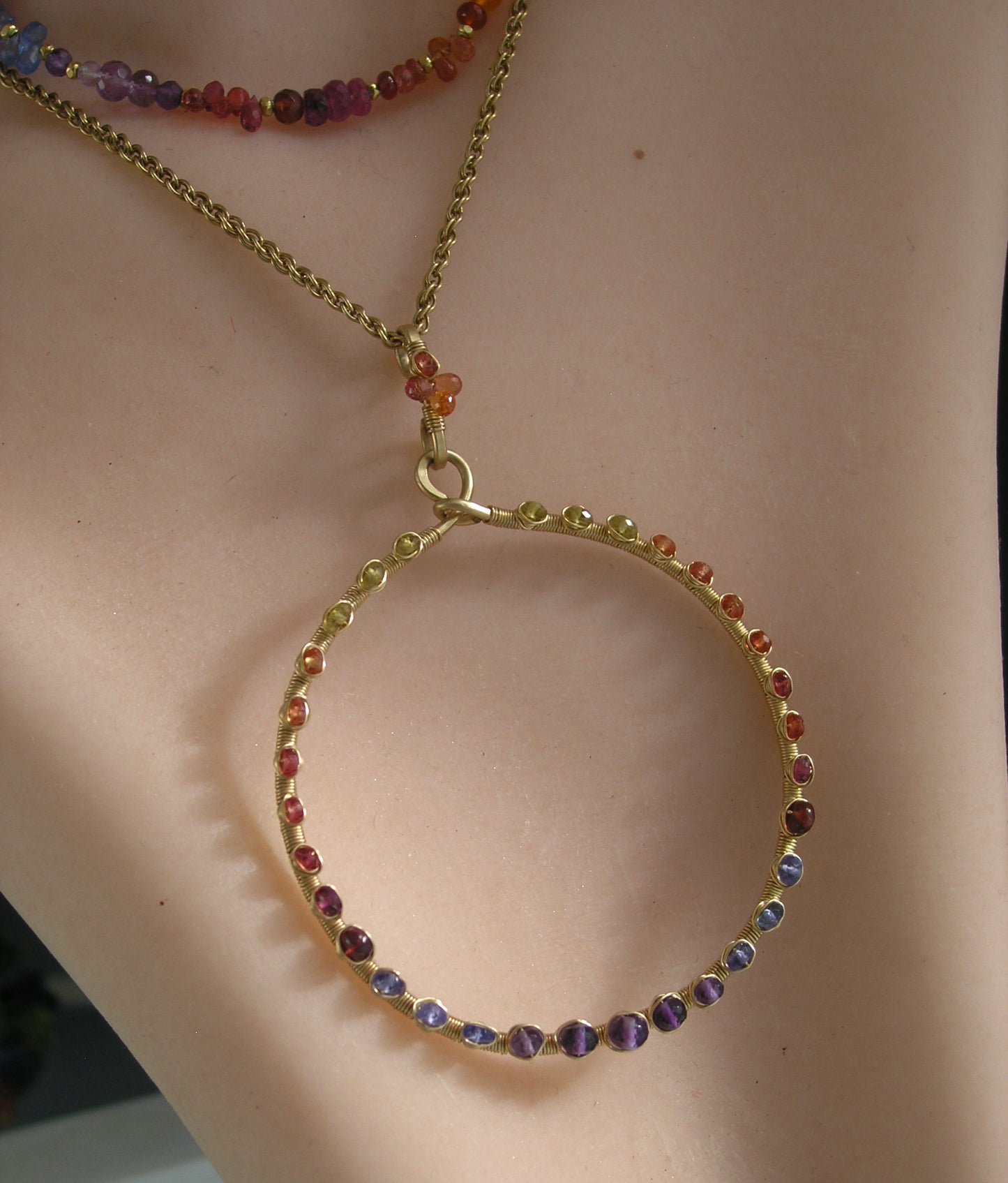 Twilight Gemstone Large Circle Pendant Necklace: Sapphires, Tanzanite, Amethyst