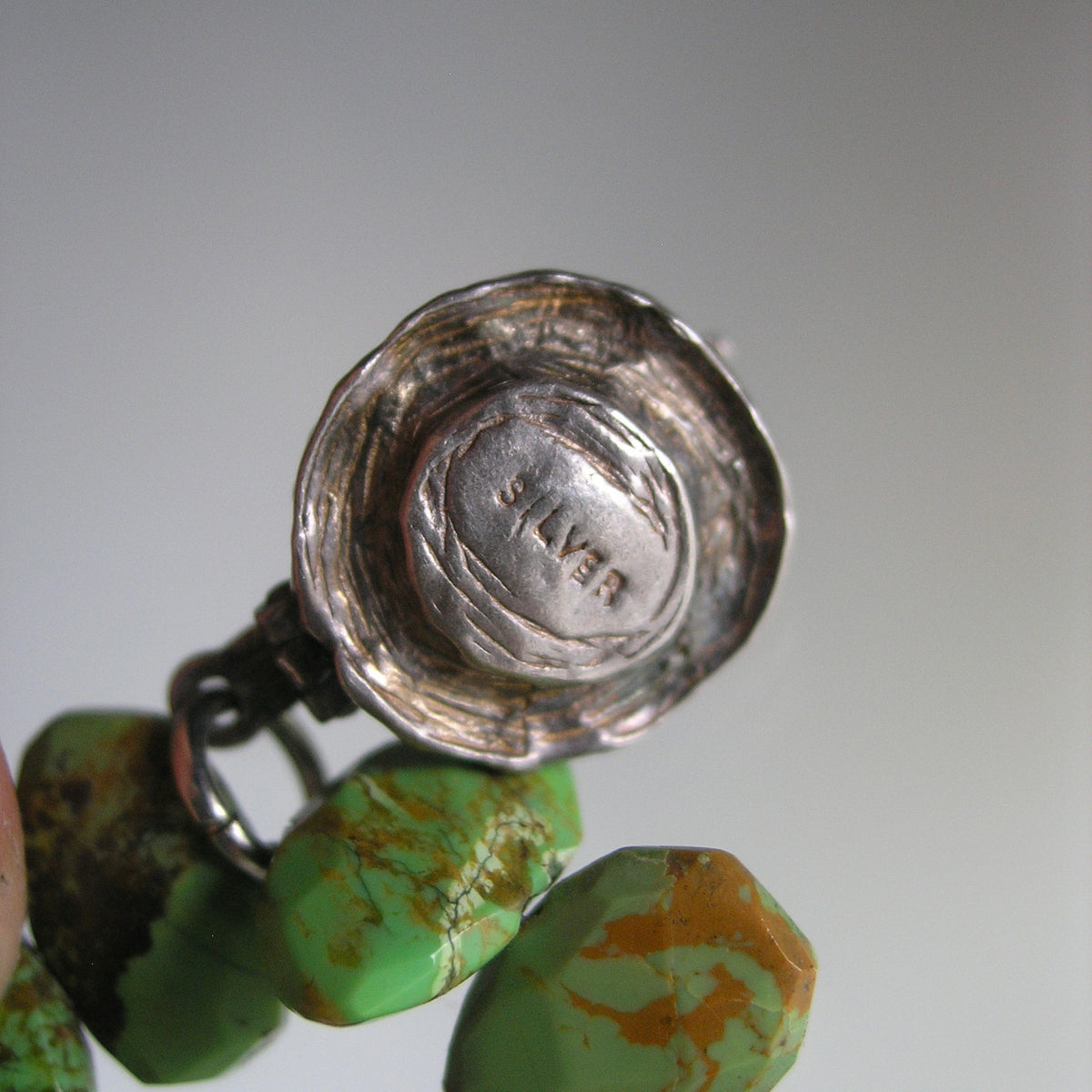 Green Turquoise Bracelet w/ Vintage Silver Movable Bird on Nest Charm