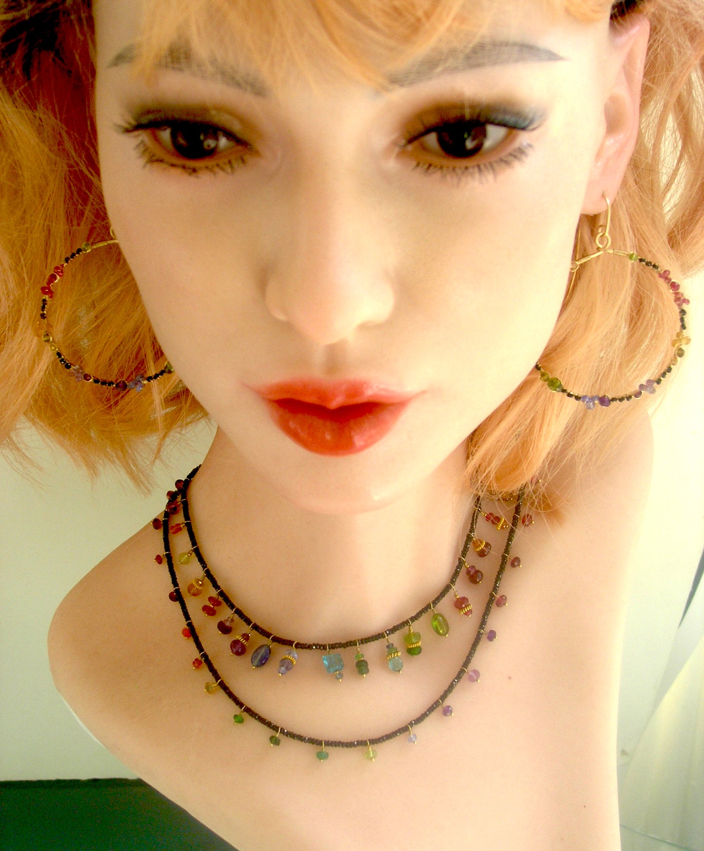Rainbow Gemstone Front Facing Hoops w/ Black Spinel