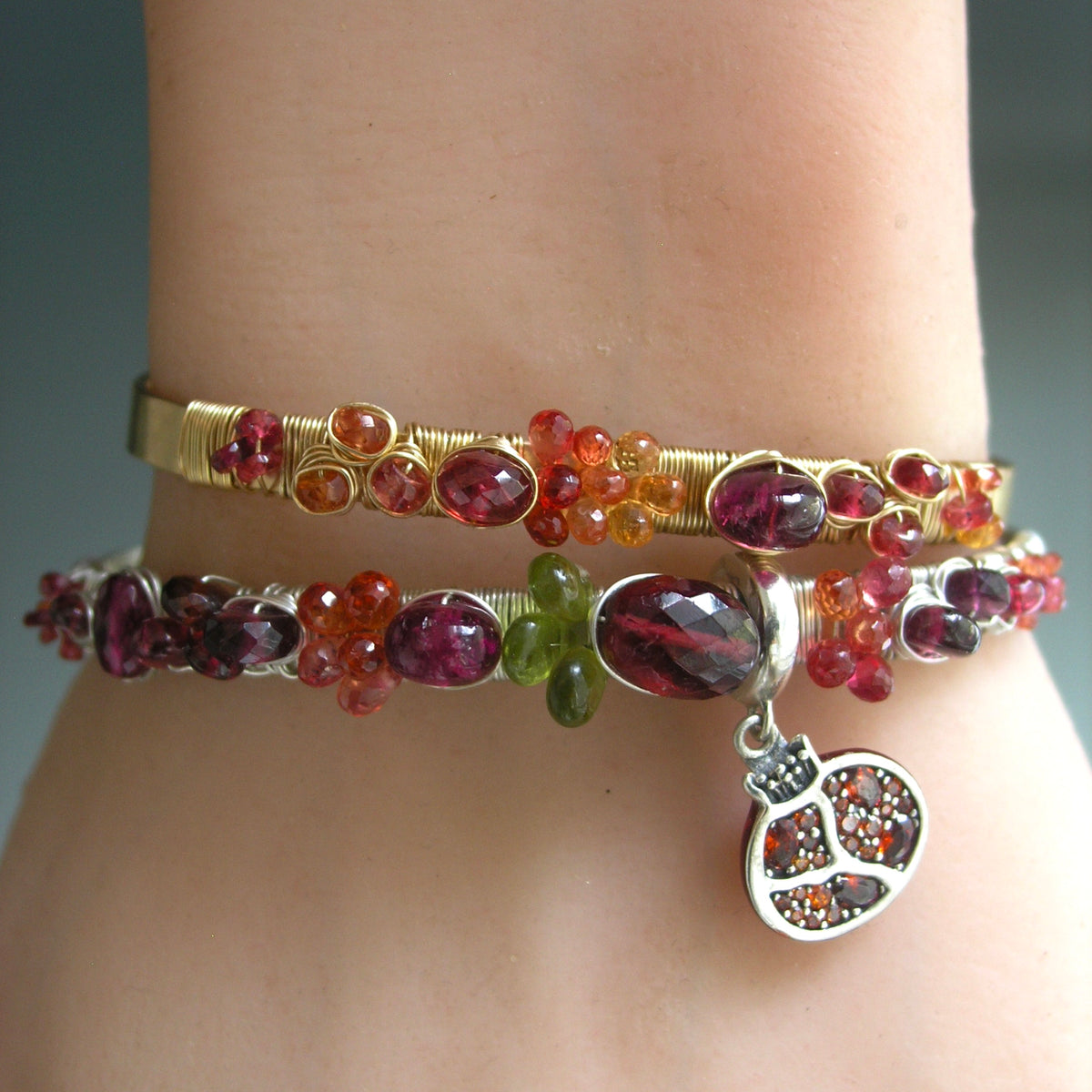 Garnet Sapphire Sterling Cuff w/ Pomegranate Charm