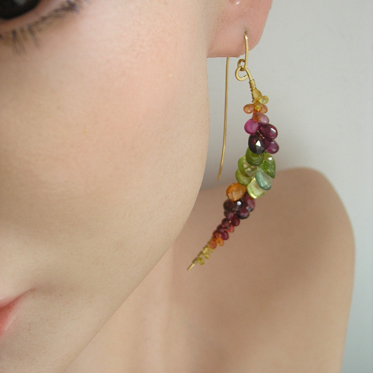 Long Multi Gemstone Earrings 14k Gold Filled Curved Earrings