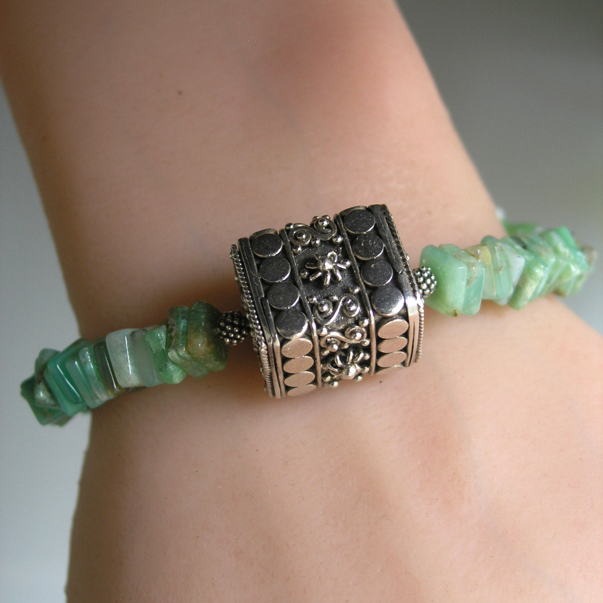 Chrysoprase and Sterling Silver Chunky Bracelet w/ Large Bali Ornate Bead