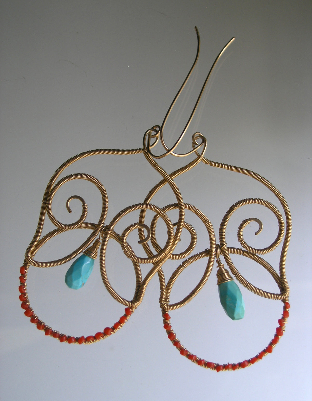 Turquoise 14k Gold Filled Sculptural Chandelier Earrings w/ Coral