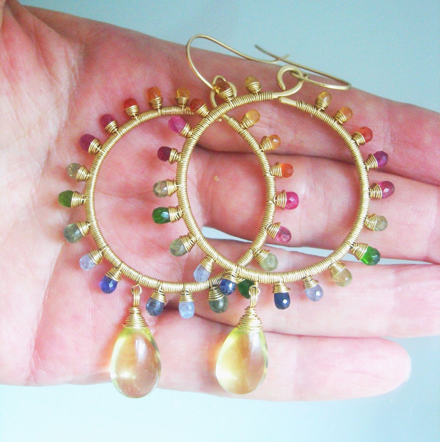 Rainbow Gemstone Sunburst Hoops in 14k Gold Fill