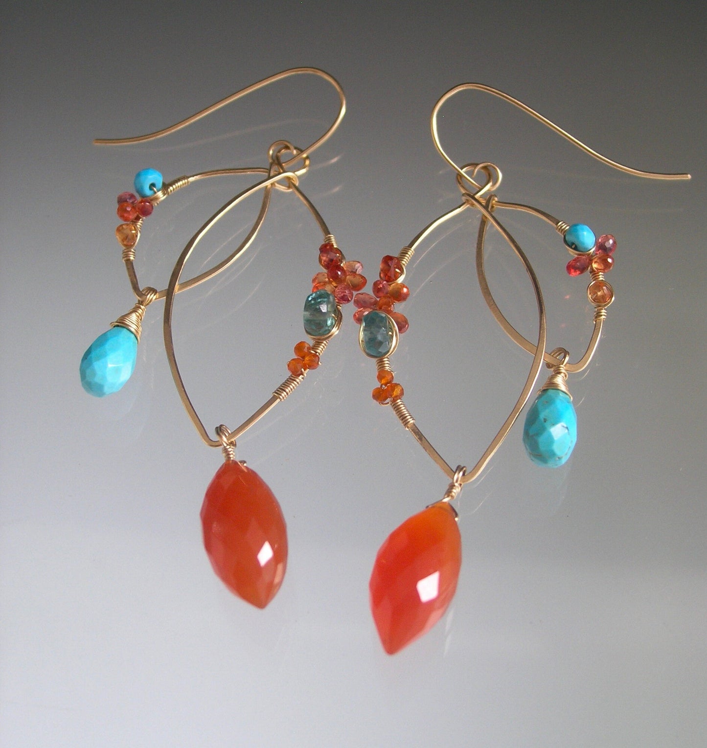 Carnelian Turquoise Sculptural Gold Filled Earrings