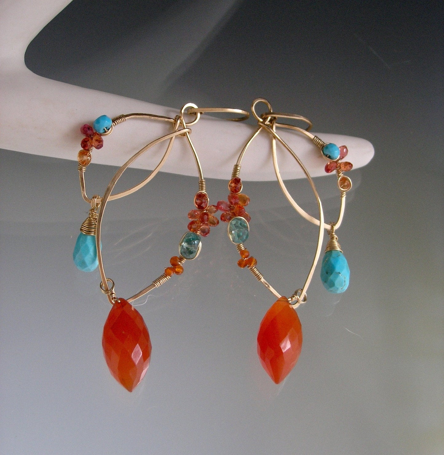 Carnelian Turquoise Sculptural Gold Filled Earrings