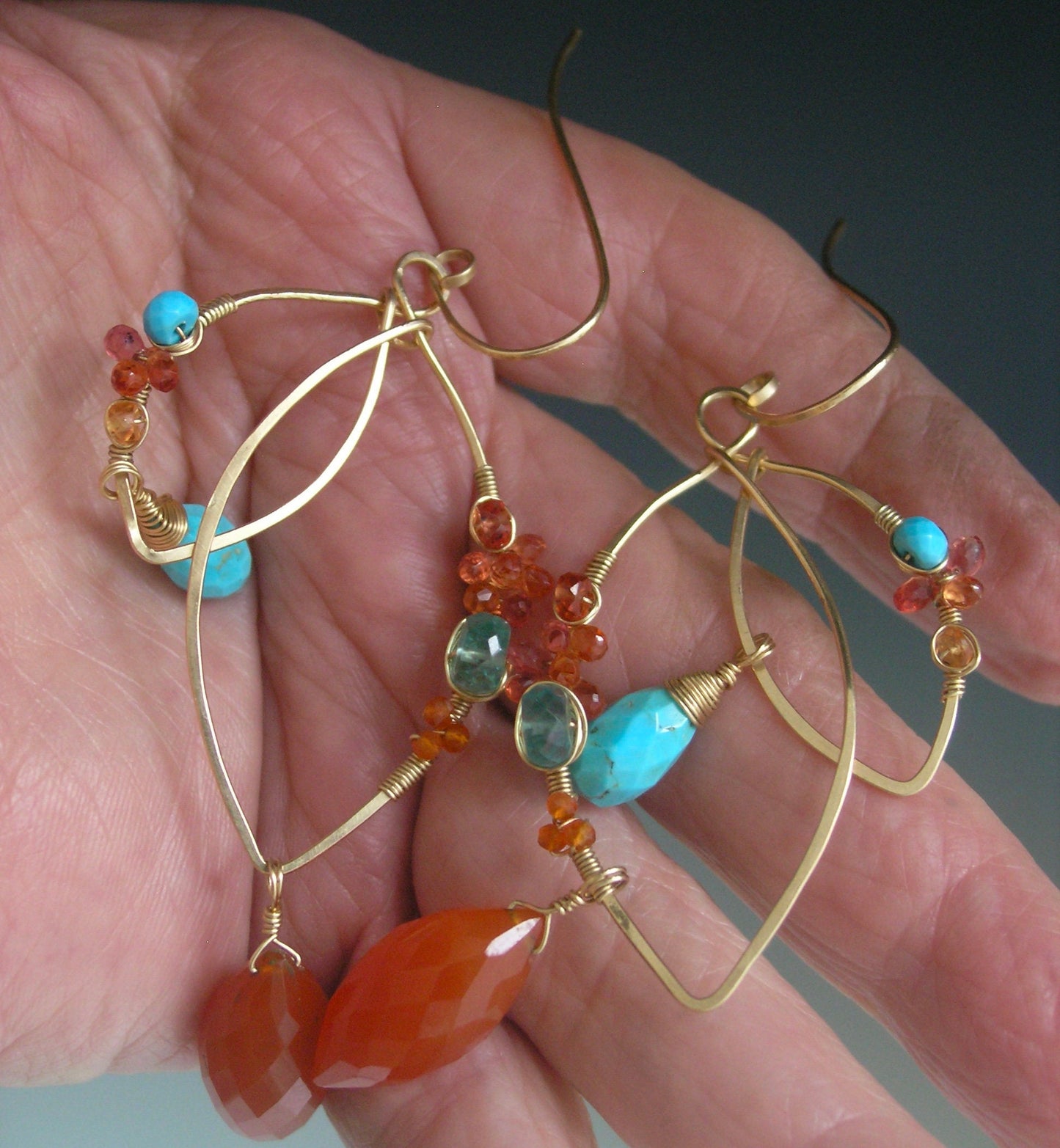 Carnelian Turquoise Sculptural Gold Filled Earrings