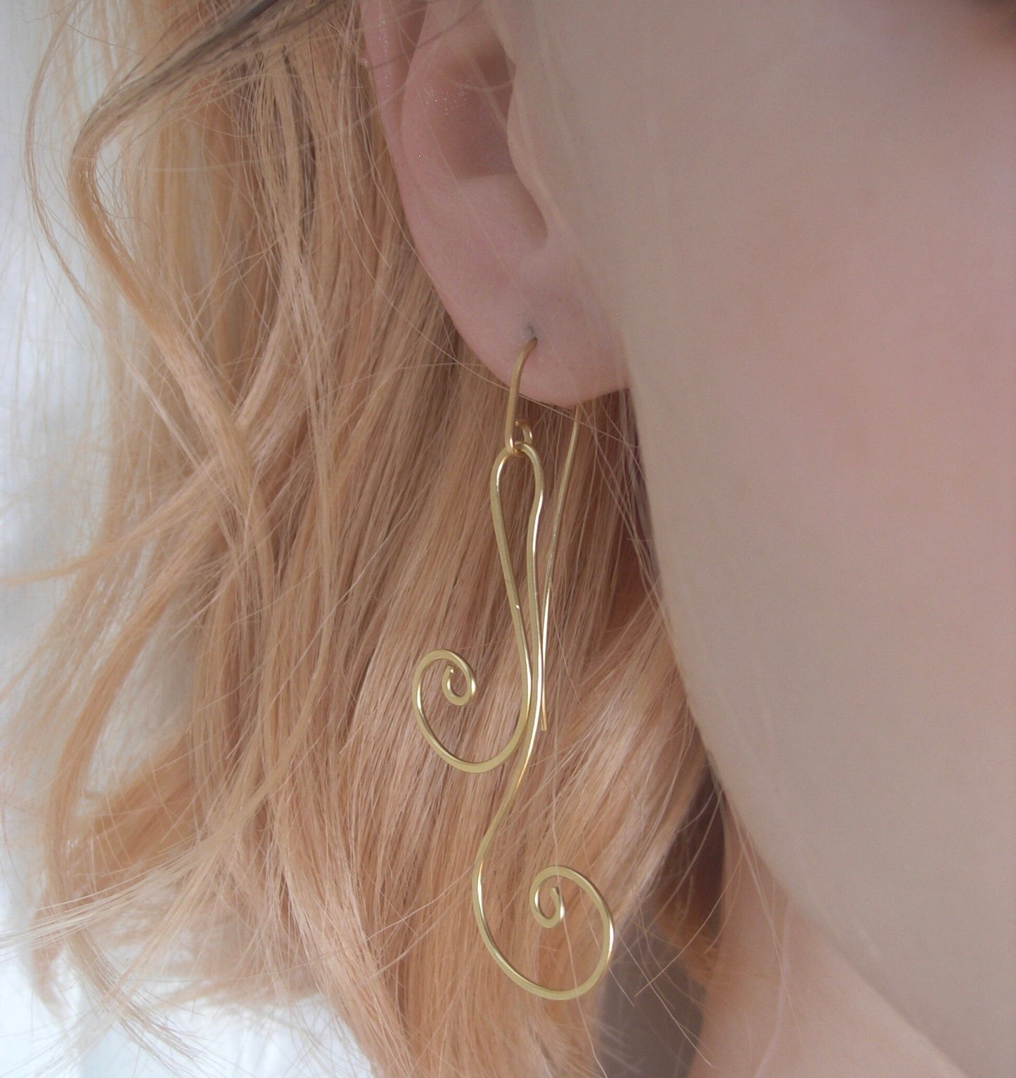 Long Double Scroll 14k Gold Filled Earrings 2 5/8”