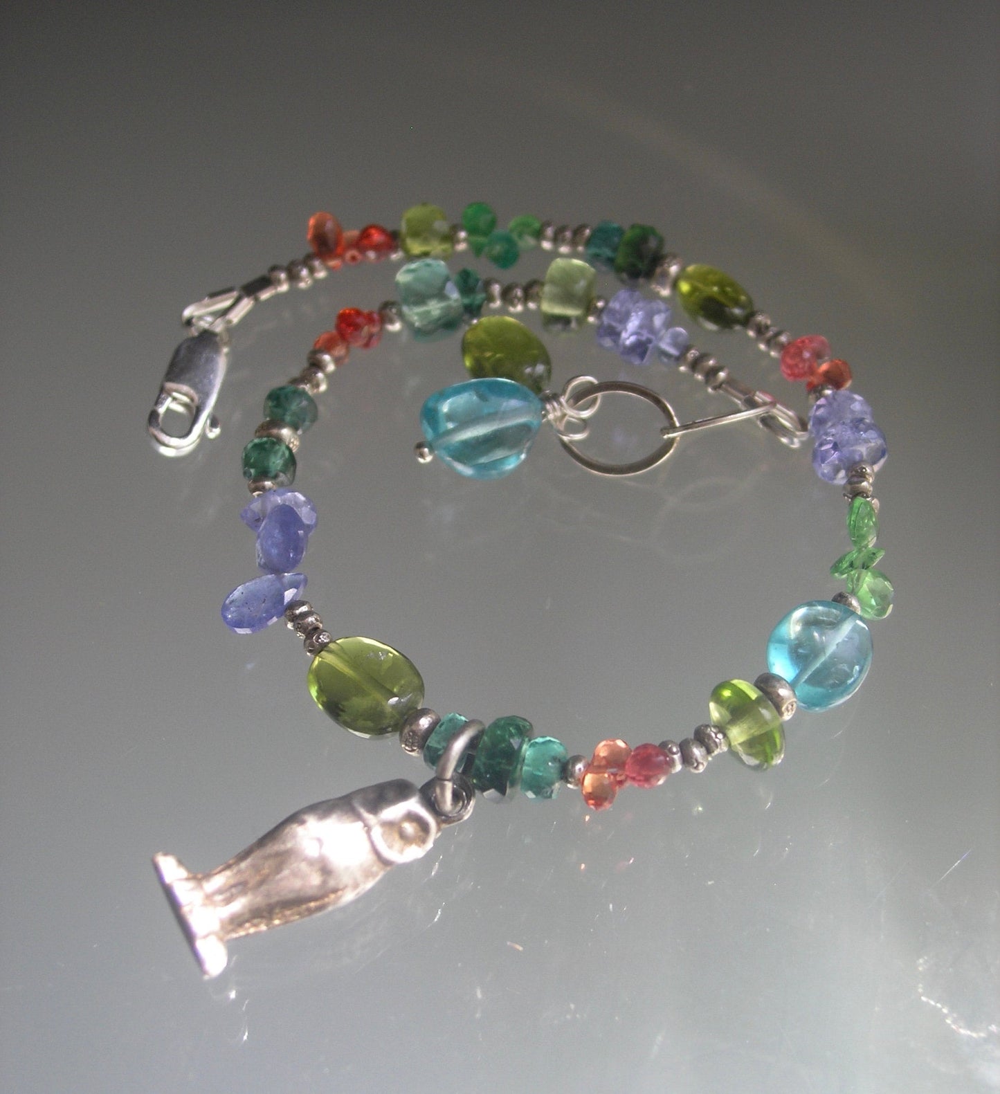 Gemstone Bracelet w/ Vintage Sterling 3-D Barn Owl Charm