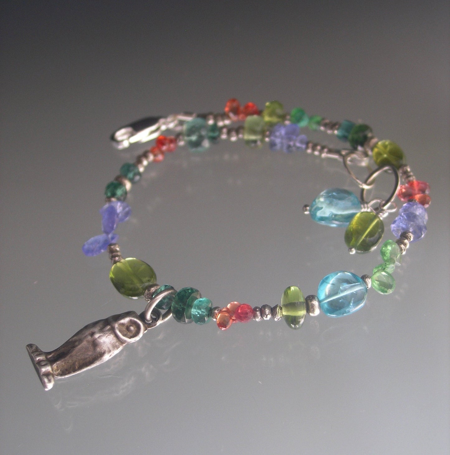 Gemstone Bracelet w/ Vintage Sterling 3-D Barn Owl Charm