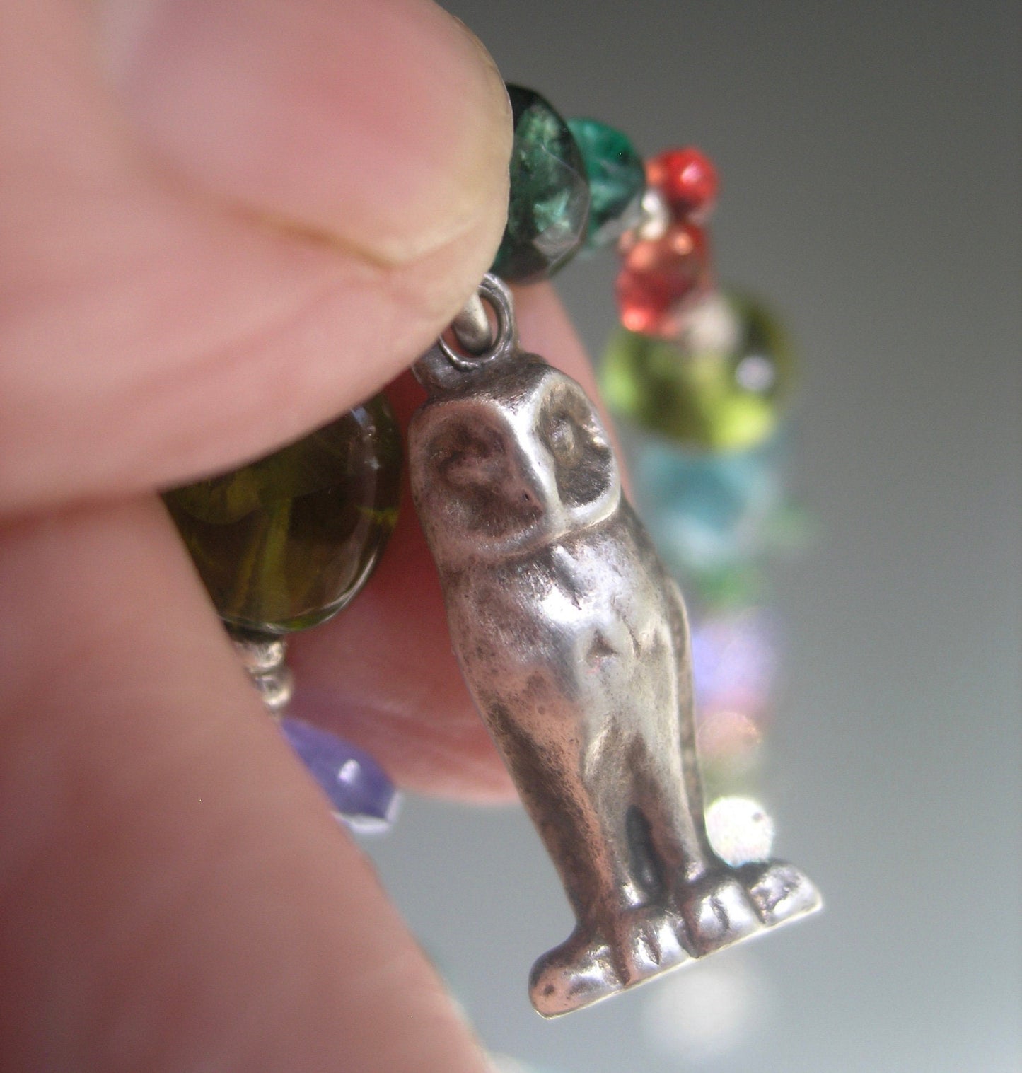 Gemstone Bracelet w/ Vintage Sterling 3-D Barn Owl Charm