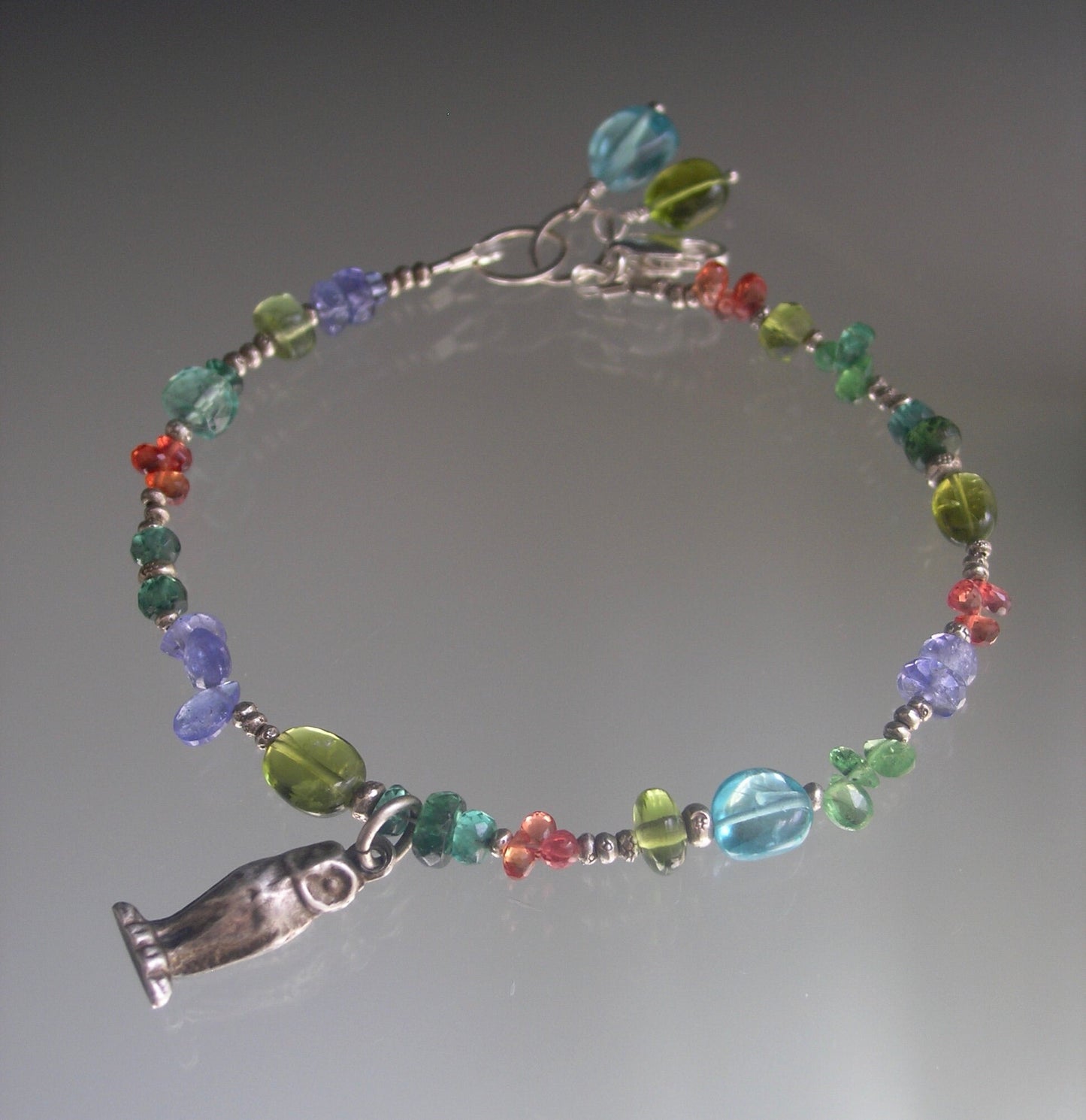 Gemstone Bracelet w/ Vintage Sterling 3-D Barn Owl Charm