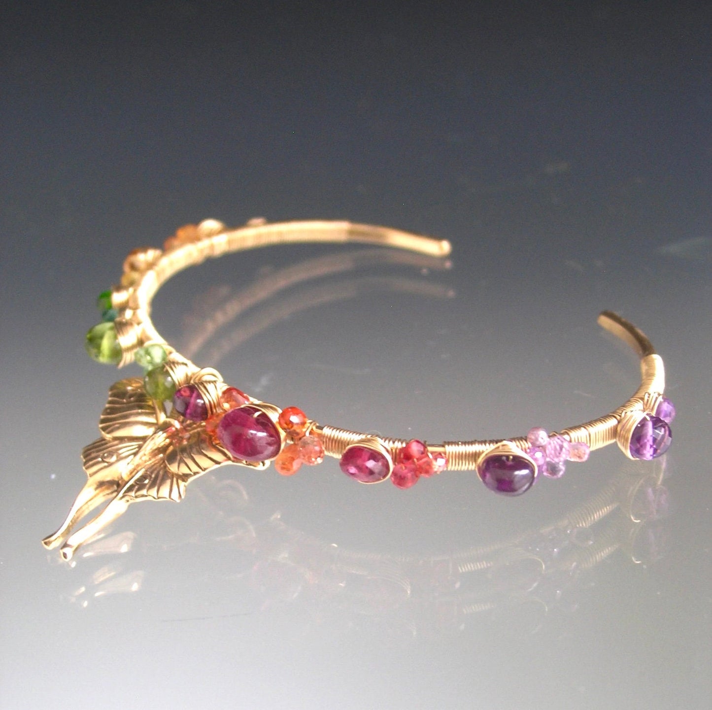 Rainbow Gemstone Gold Filled Wire Wrapped Cuff w/ Bronze Luna Moth Charm