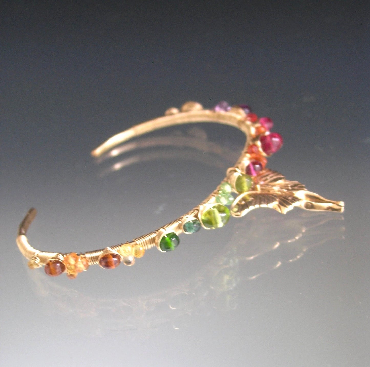 Rainbow Gemstone Gold Filled Wire Wrapped Cuff w/ Bronze Luna Moth Charm