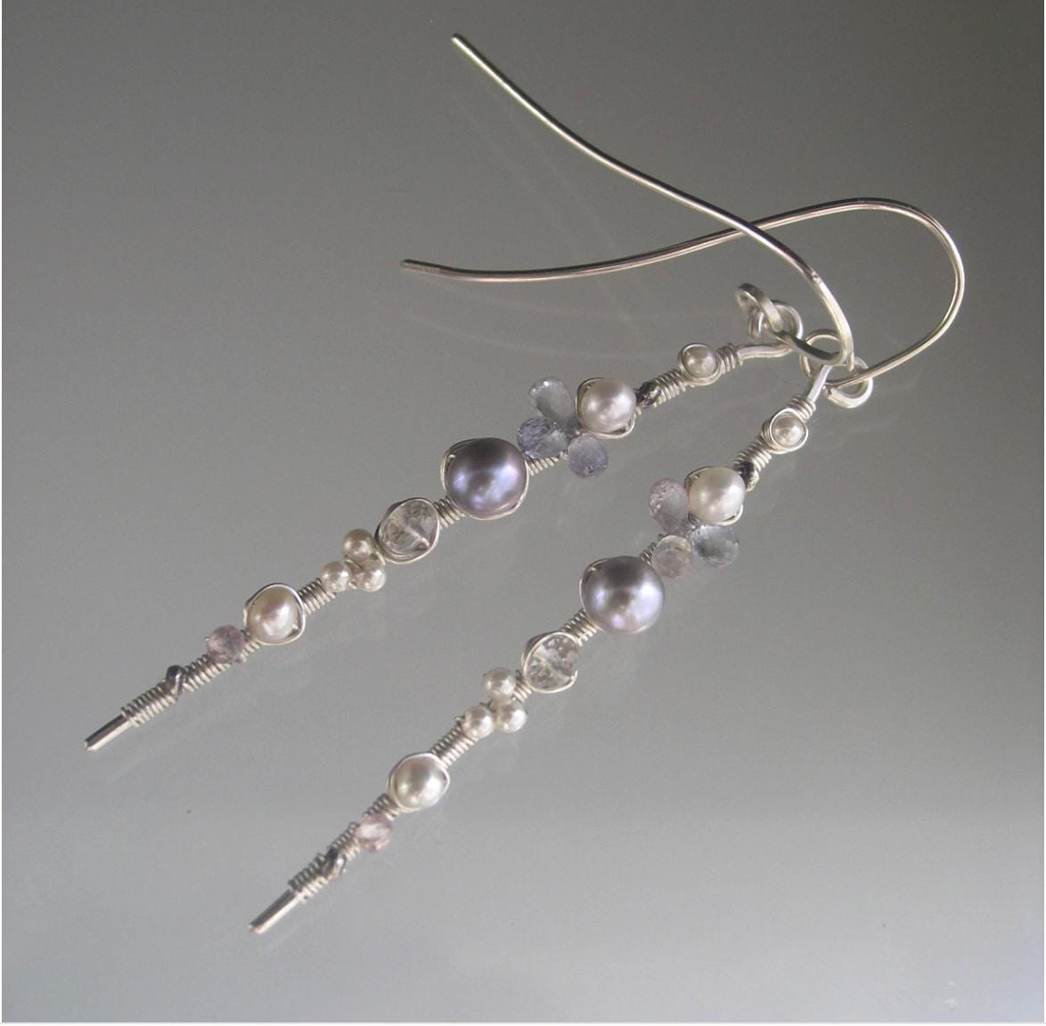 Pearl Sapphire Long Silver Earrings