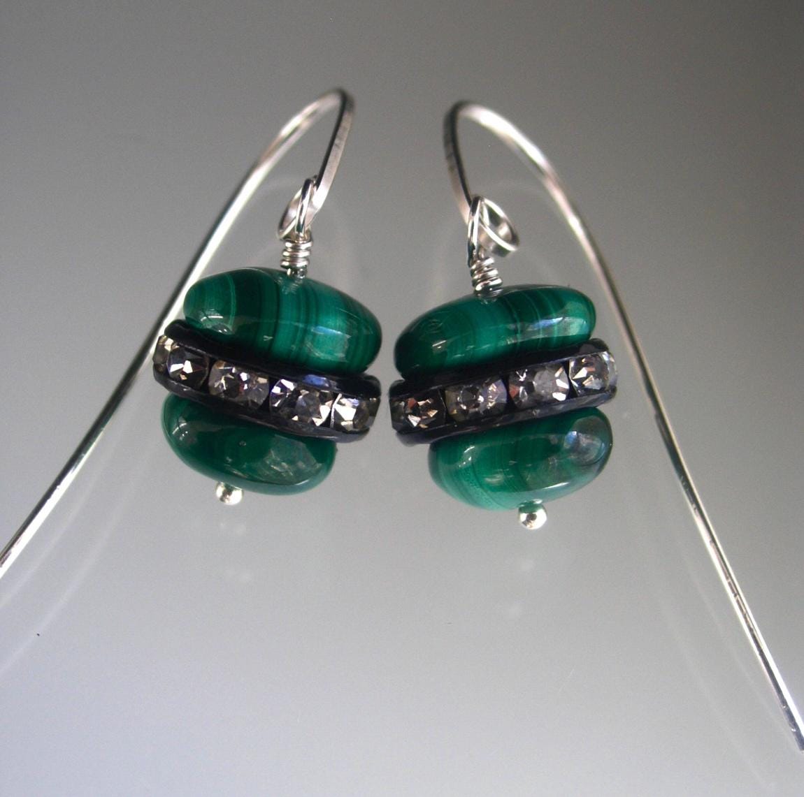 Malachite Sterling Earrings w/ Black Rimmed Rhinestones