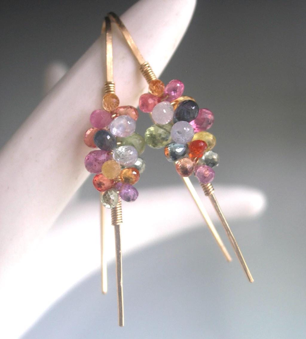 Multi Sapphire 14k Gold Filled Linear Earrings 1 3/4”