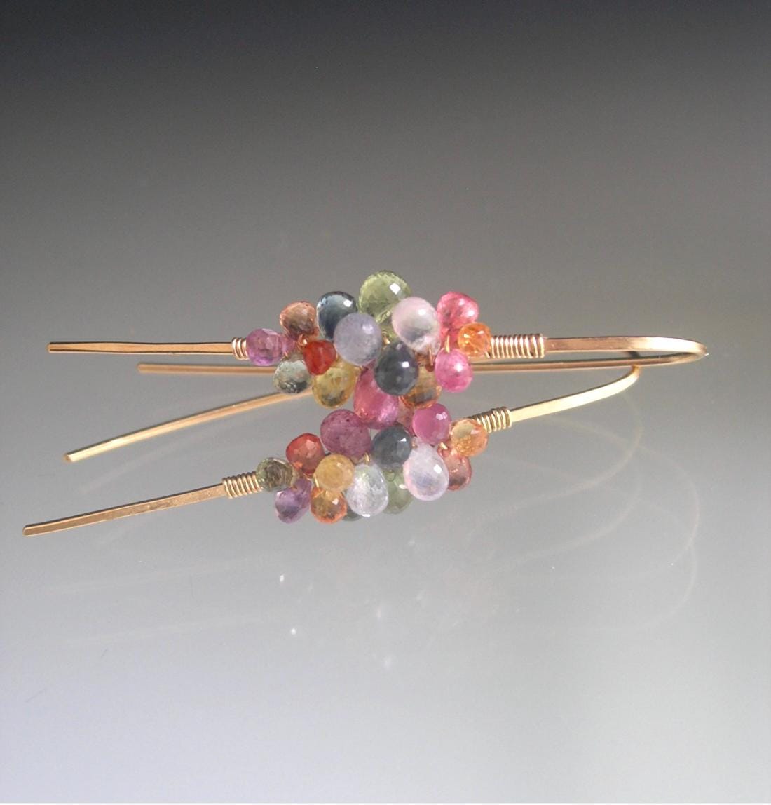 Multi Sapphire 14k Gold Filled Linear Earrings 1 3/4”
