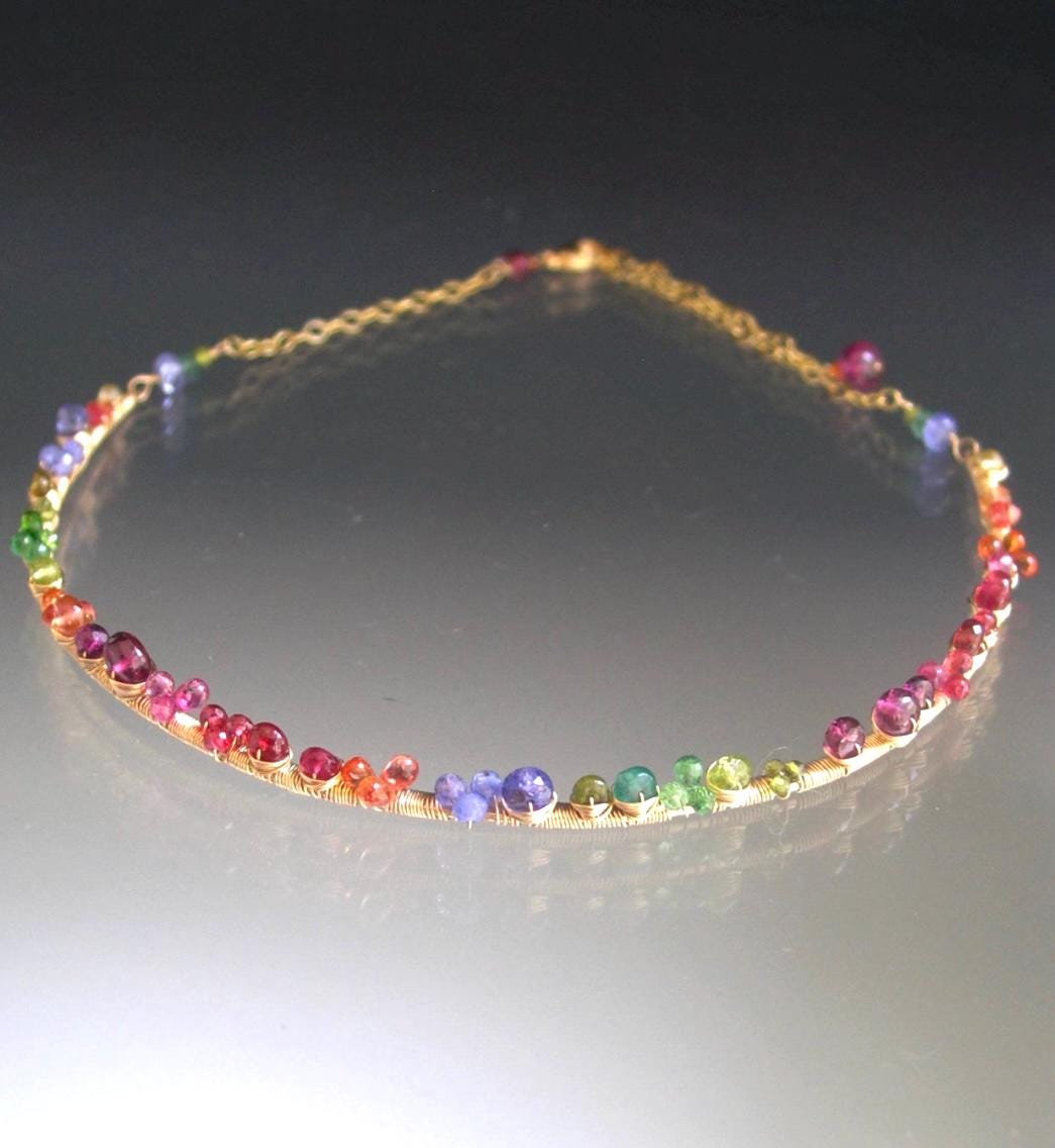 Multi Gemstone 14k Gold Filled Curved Bar Choker Necklace