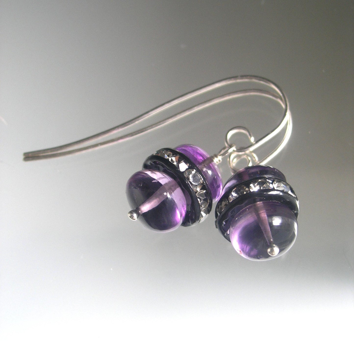 Glossy Amethyst Sterling Silver Earrings w/ Rhinestone Wheels