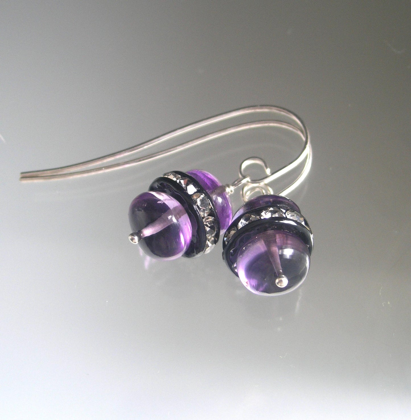 Glossy Amethyst Sterling Silver Earrings w/ Rhinestone Wheels