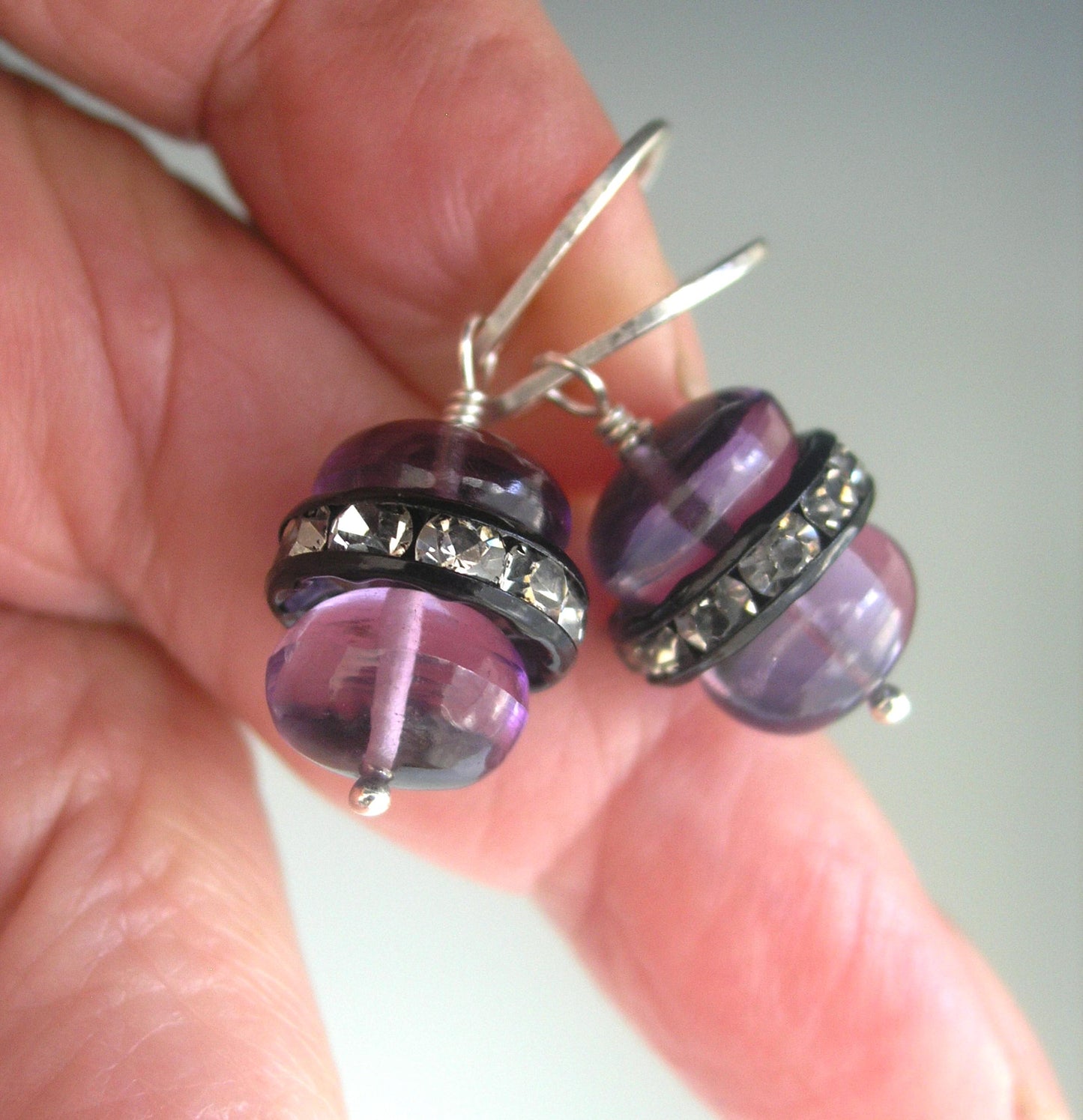 Glossy Amethyst Sterling Silver Earrings w/ Rhinestone Wheels