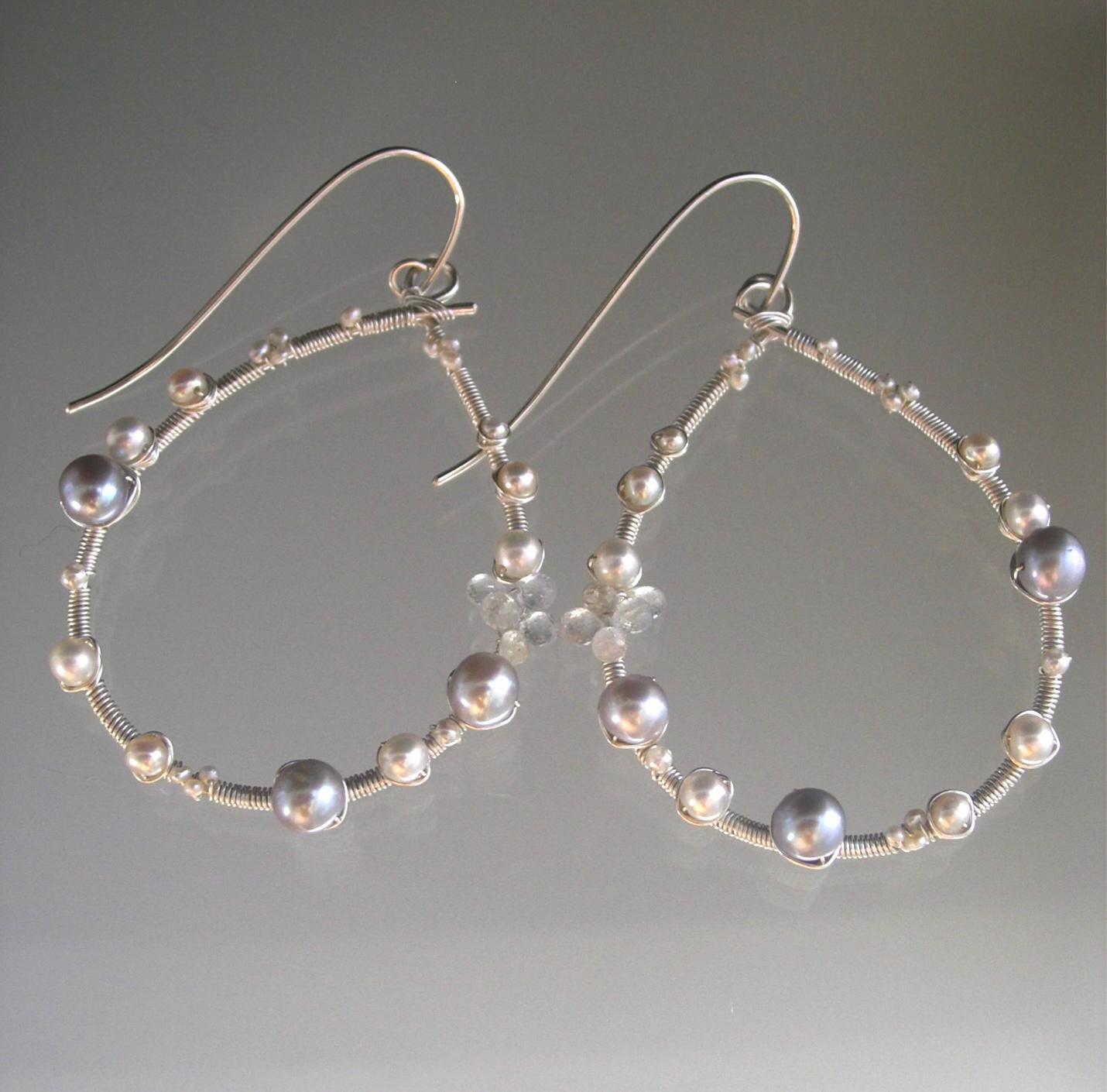 Sterling Silver Pearl and Sapphire Teardrop Hoops