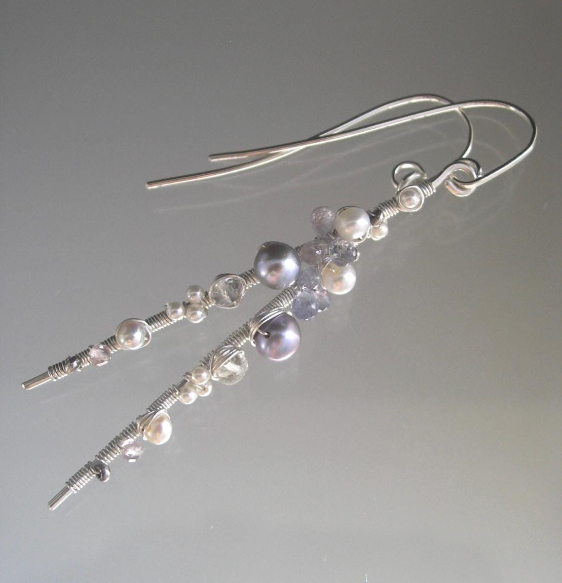 Pearl Sapphire Long Silver Earrings