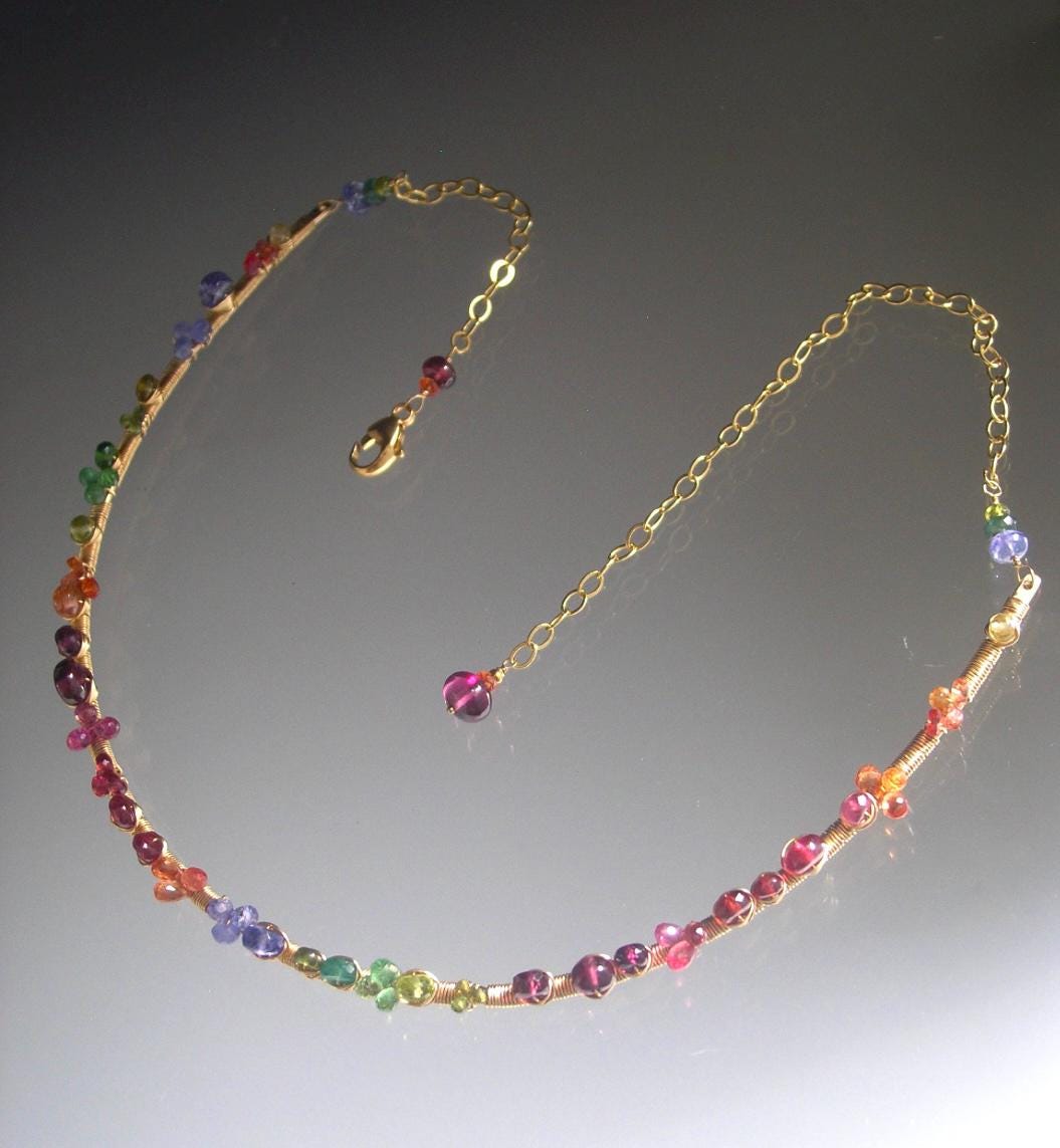 Multi Gemstone 14k Gold Filled Curved Bar Choker Necklace