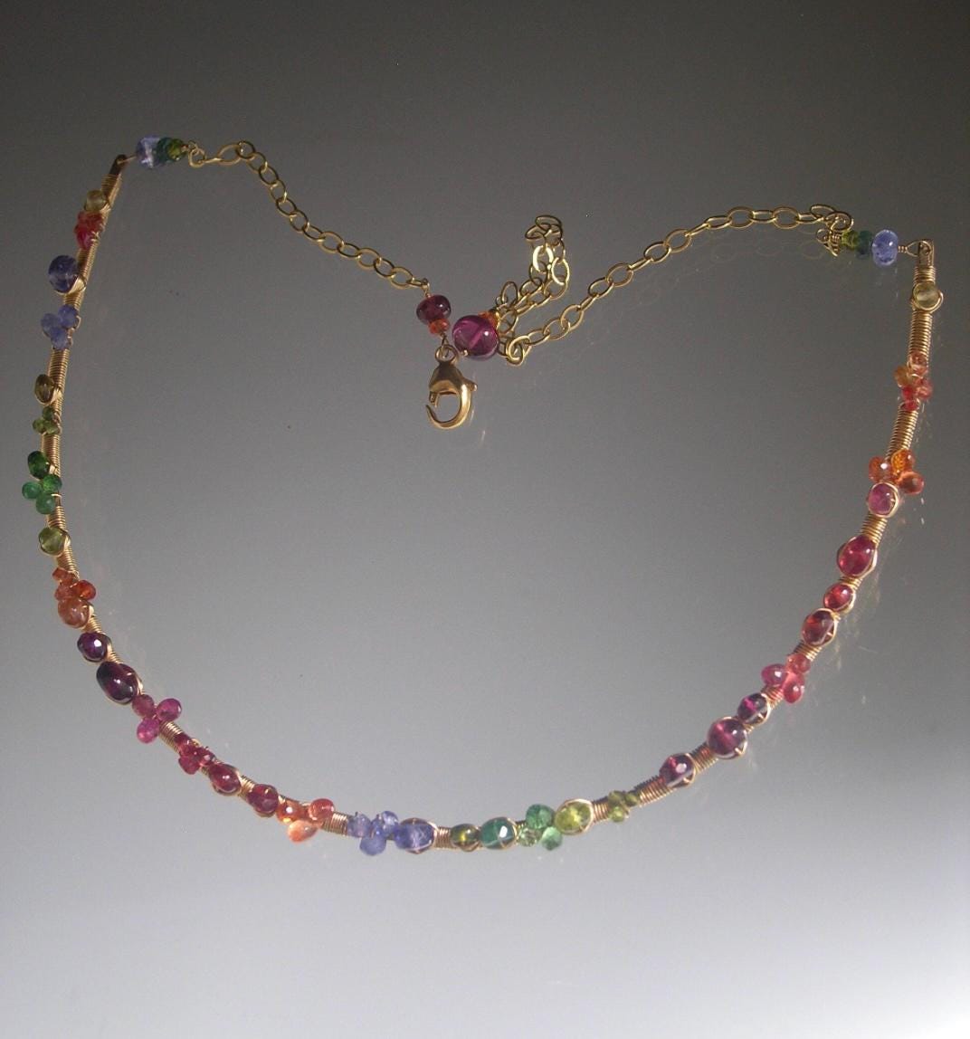 Multi Gemstone 14k Gold Filled Curved Bar Choker Necklace