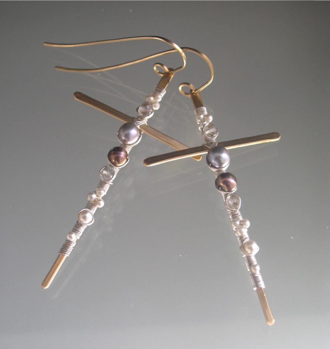 Mixed Metal Pearl Cross Earrings