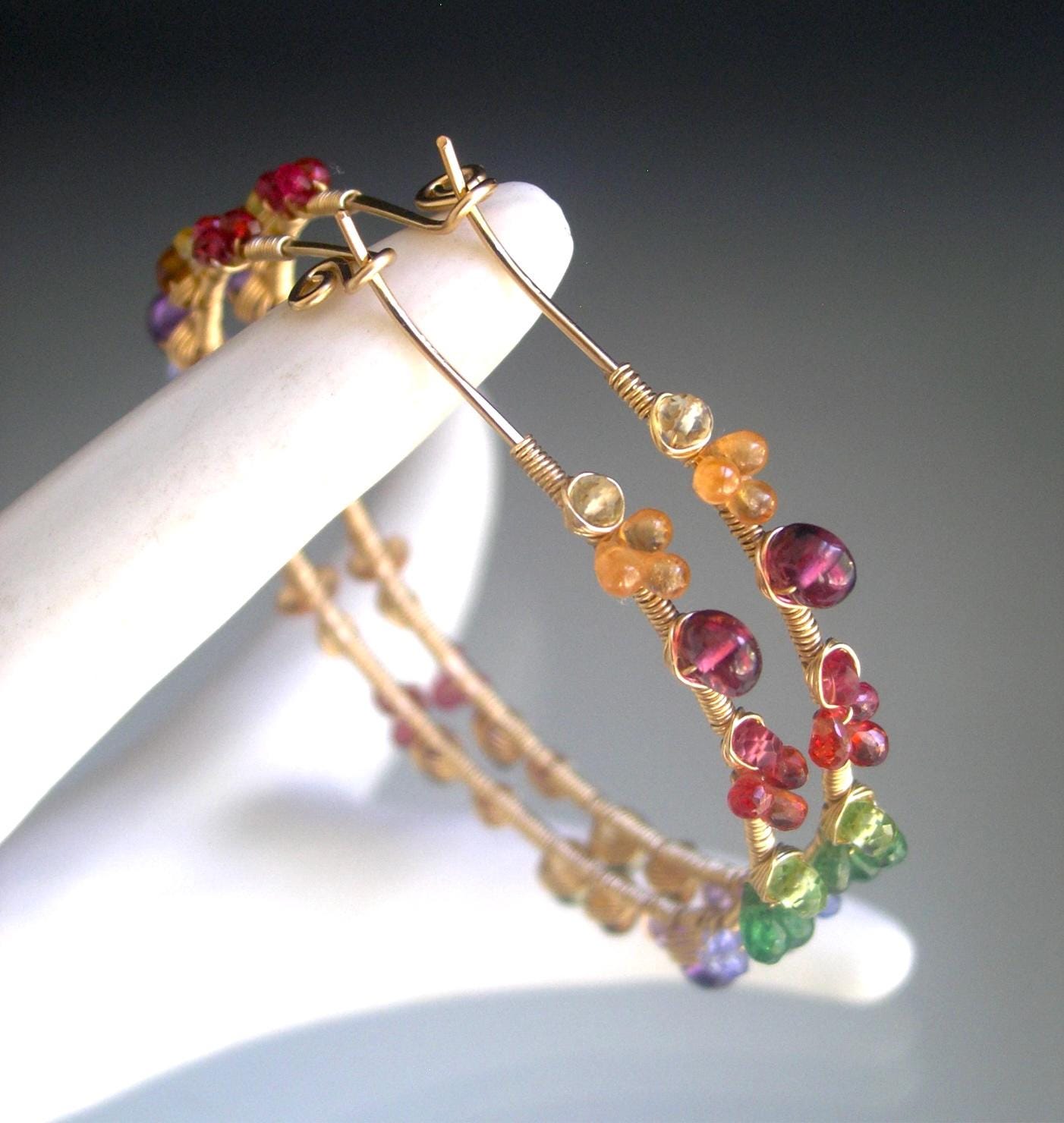 Rainbow Gemstone 14k Gold Filled Hoop Earrings 2 1/8”