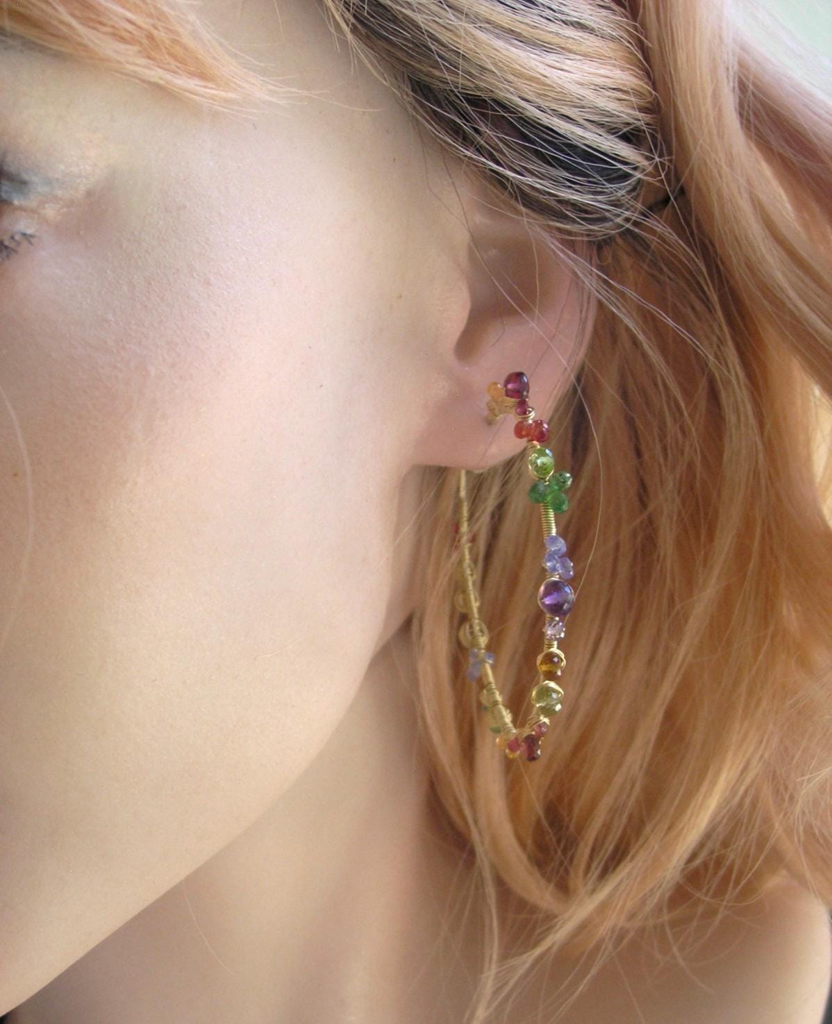 Rainbow Gemstone 14k Gold Filled Hoop Earrings 2 1/8”