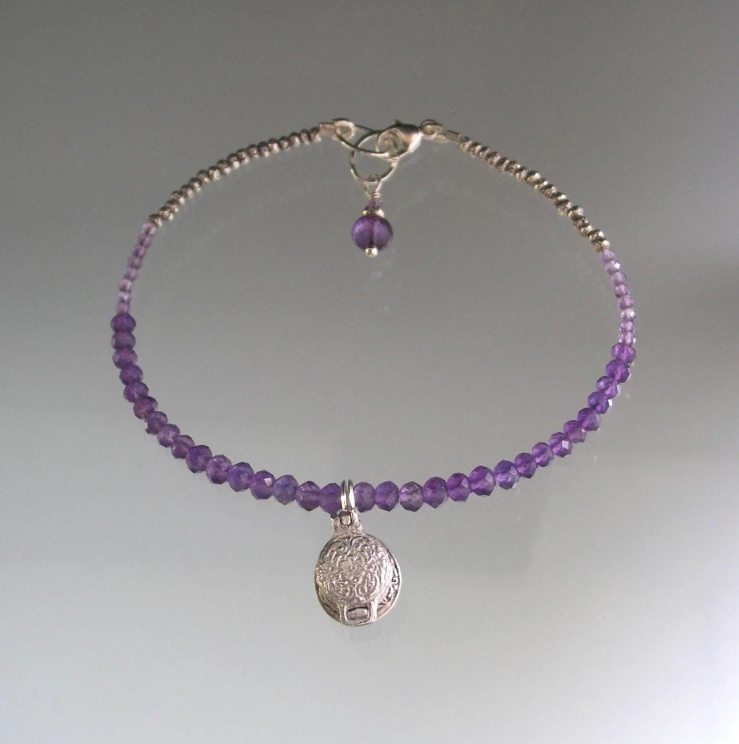 Amethyst Bracelet w/ Vintage Sterling Opening Waffle Iron Charm