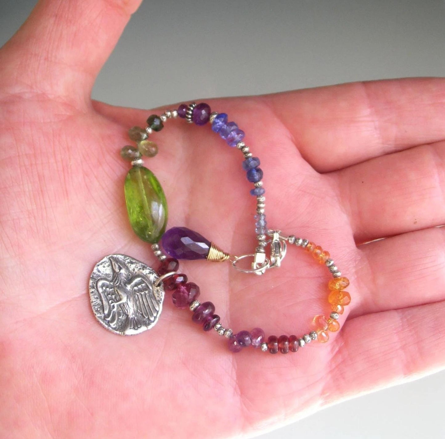 Bird Charm Multi Gemstone Sterling Silver Bracelet