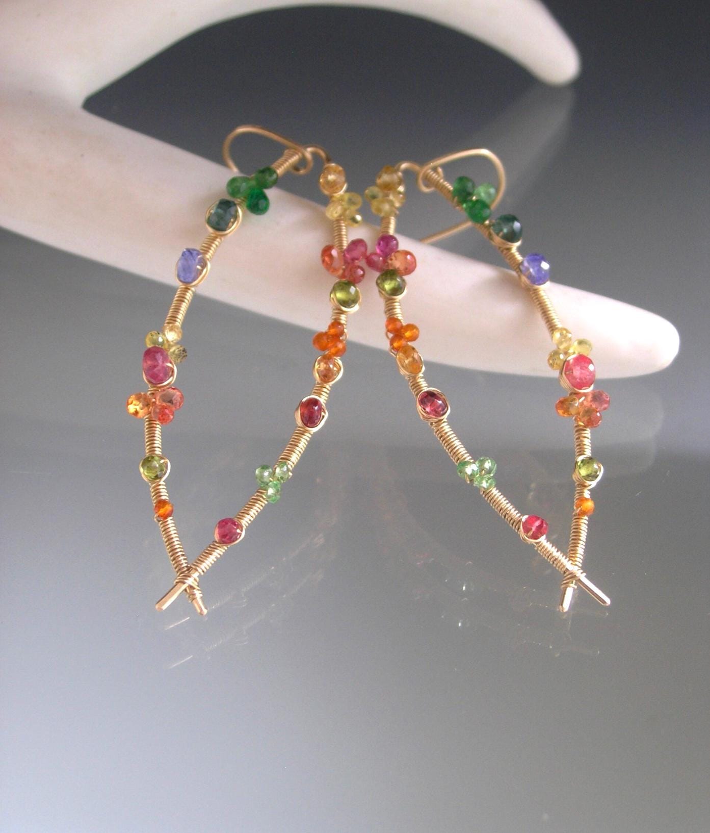 Colorful Multi Gemstone Almond Hoop Earrings in 14k Gold Fill