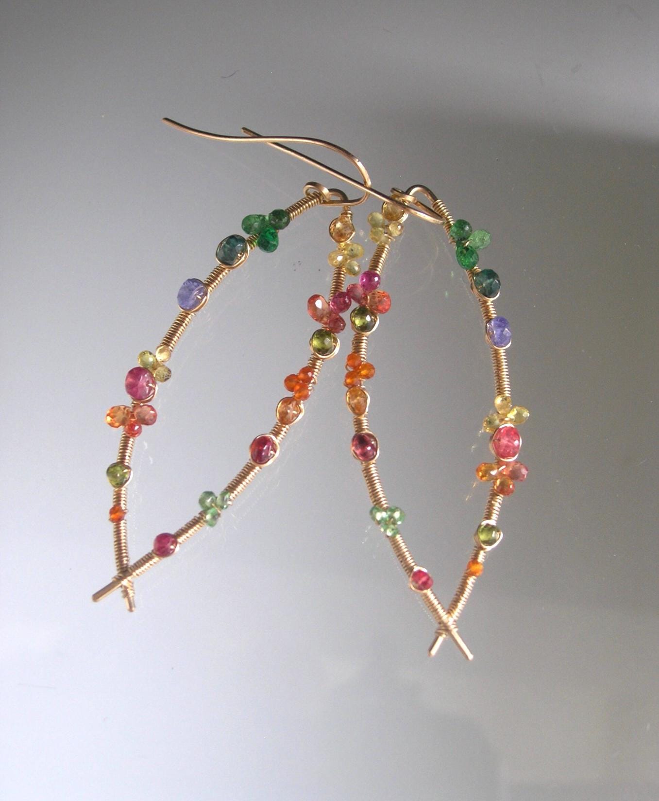 Colorful Multi Gemstone Almond Hoop Earrings in 14k Gold Fill