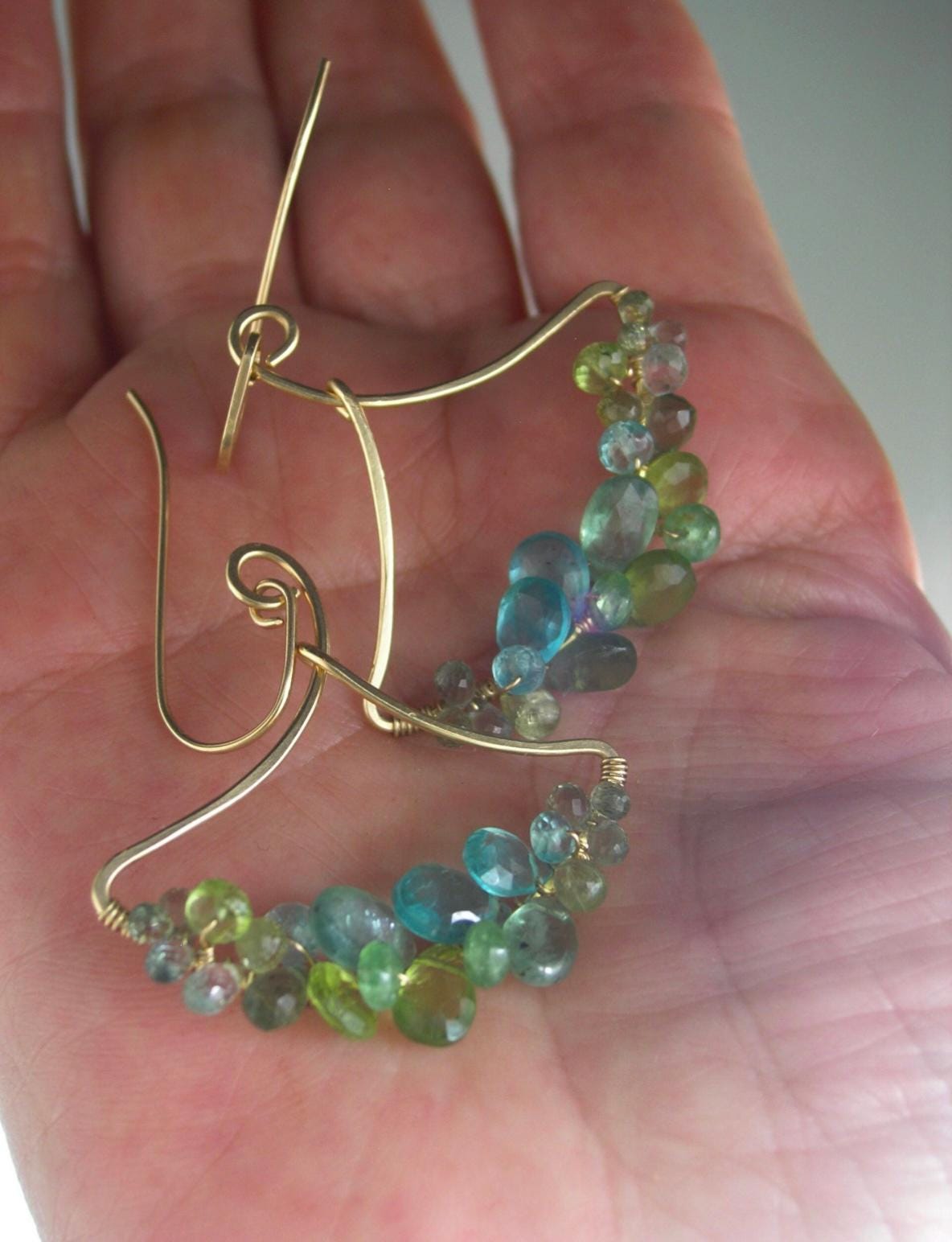 Apatite Peridot Sculptural 14k Gold Filled Earrings 2”
