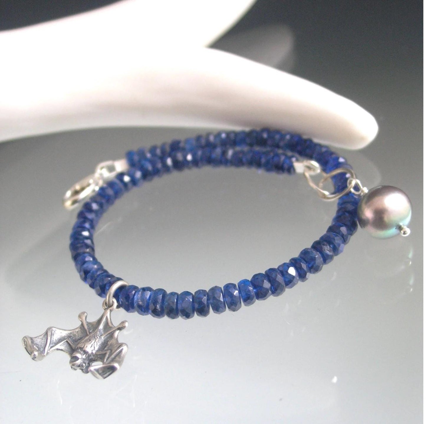Kyanite Bracelet w/ Vintage Sterling Detailed Bat Charm