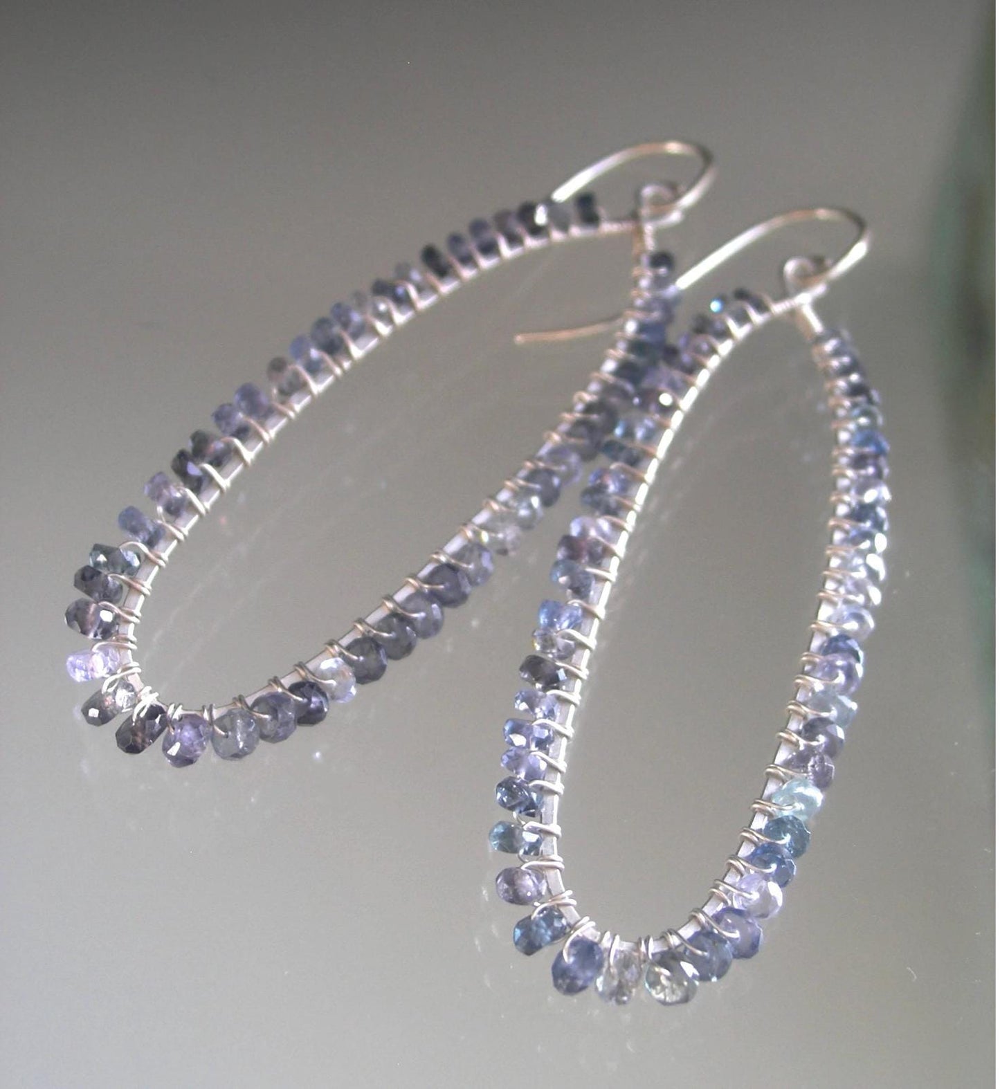Blue Gray Sapphire Long Oval Hoops