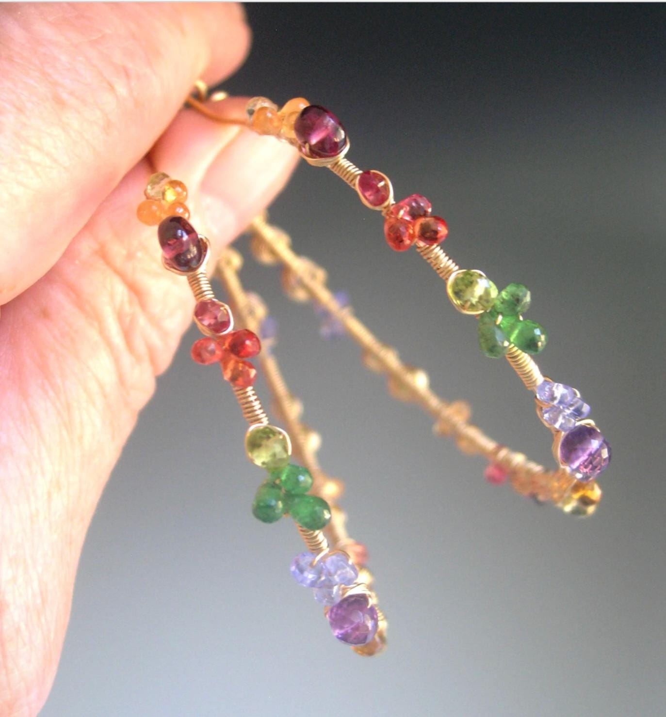 Rainbow Gemstone 14k Gold Filled Hoop Earrings 2 1/8”
