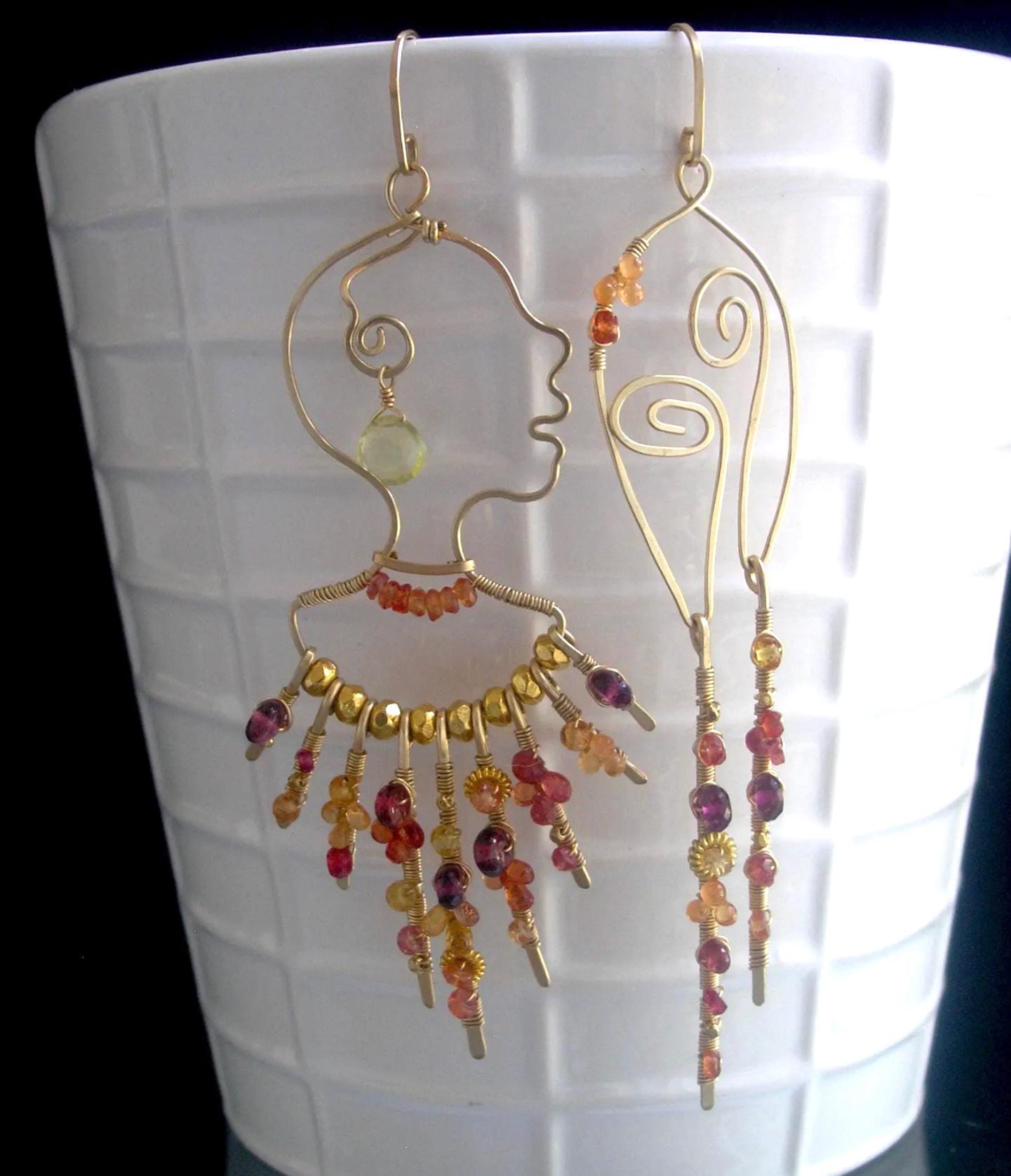 Asymmetrical Face Profile Earrings 14k Gold Filled 4 1/8” Long