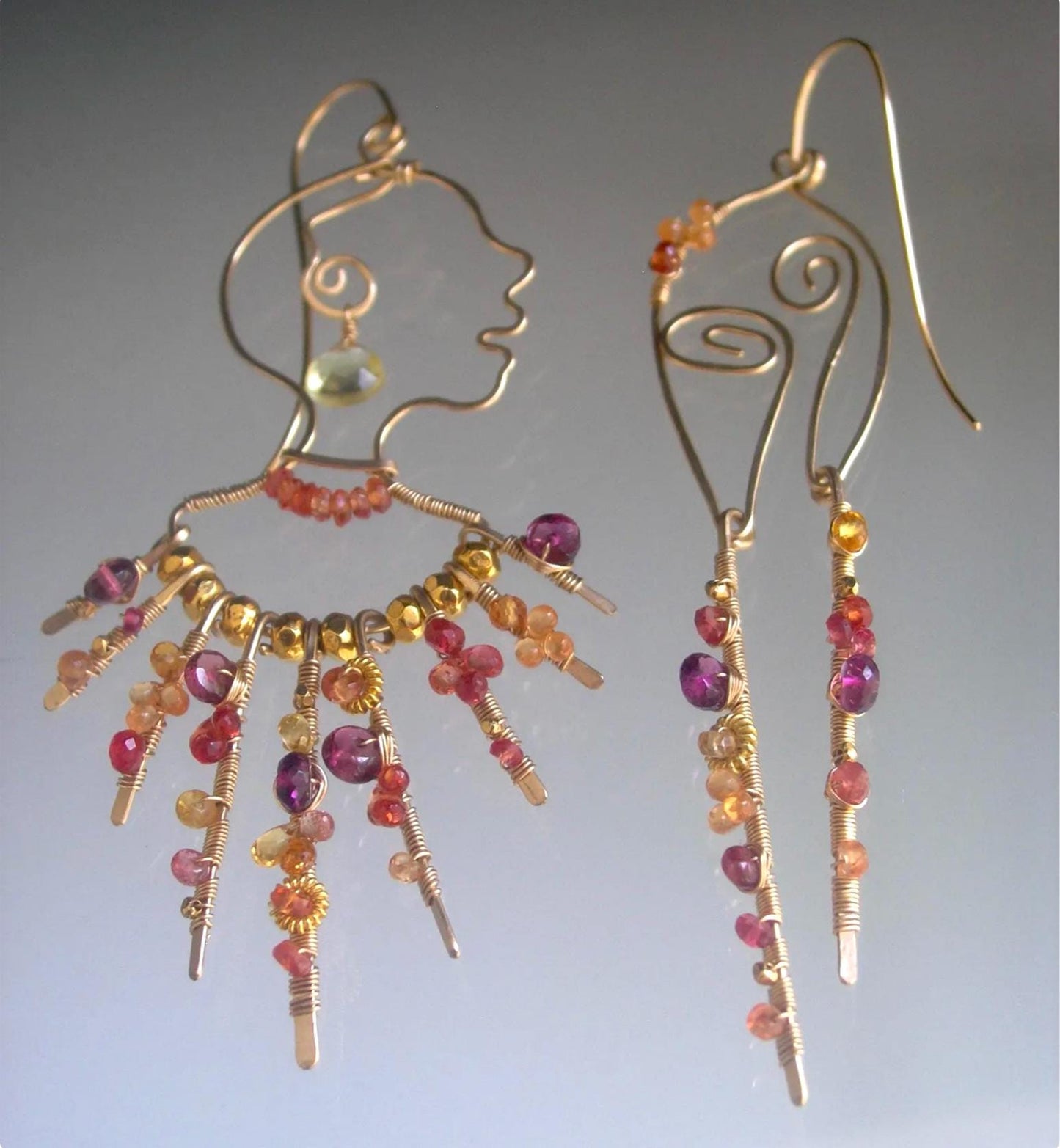 Asymmetrical Face Profile Earrings 14k Gold Filled 4 1/8” Long