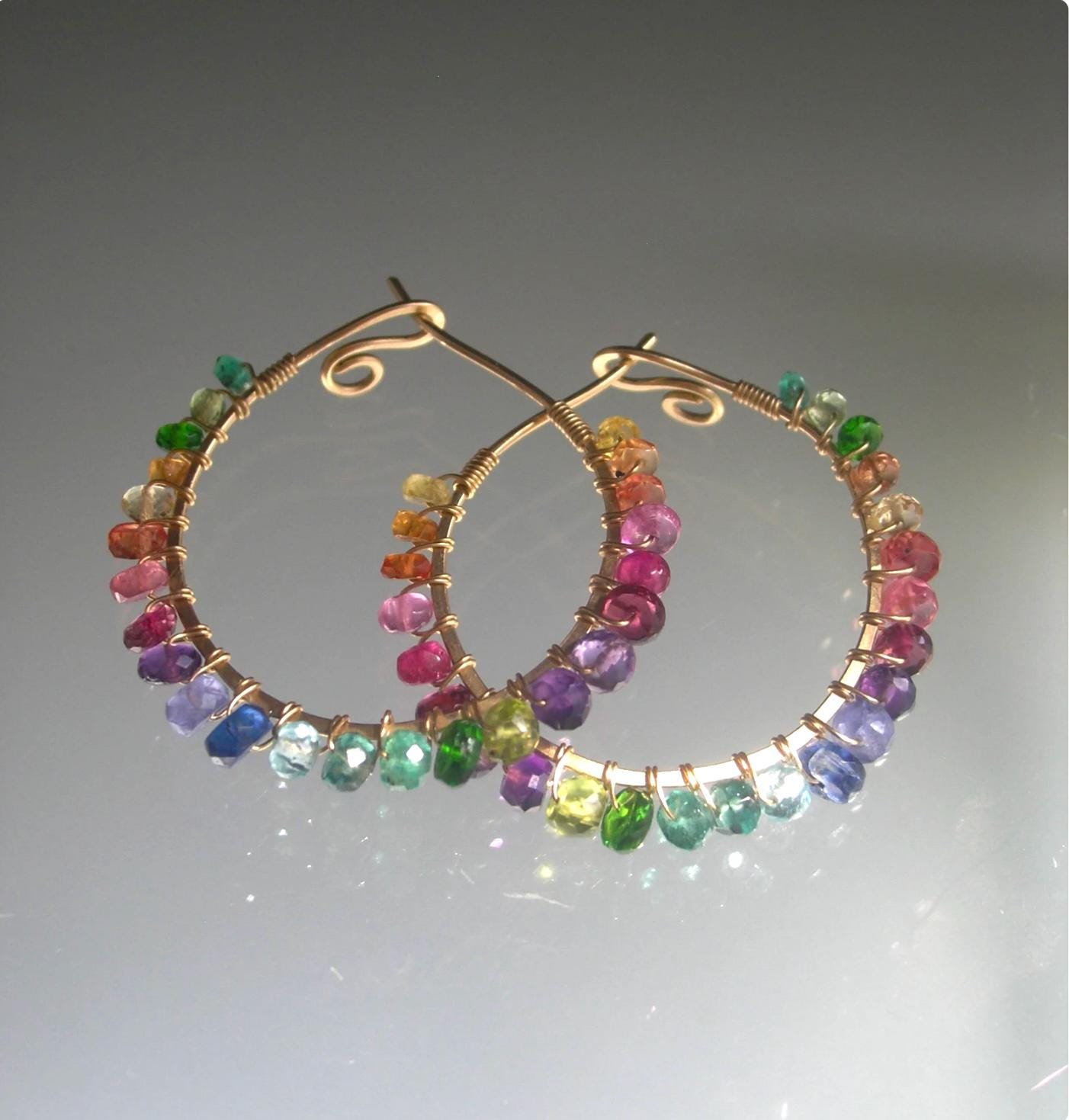 Rainbow Gemstone 14k Gold Filled Hoops 1 1/4”