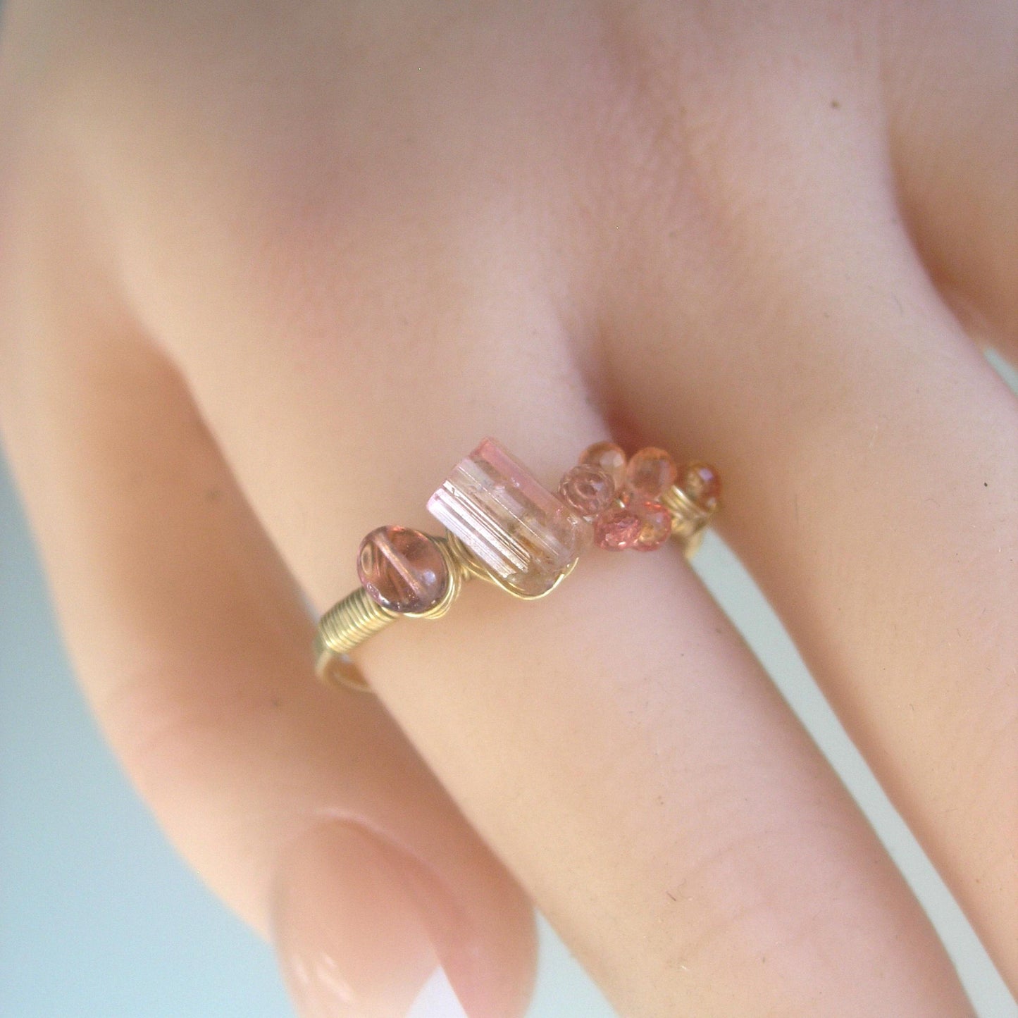 Raw Tourmaline Melon Sapphire Ring in 14k Gold Fill Size 8